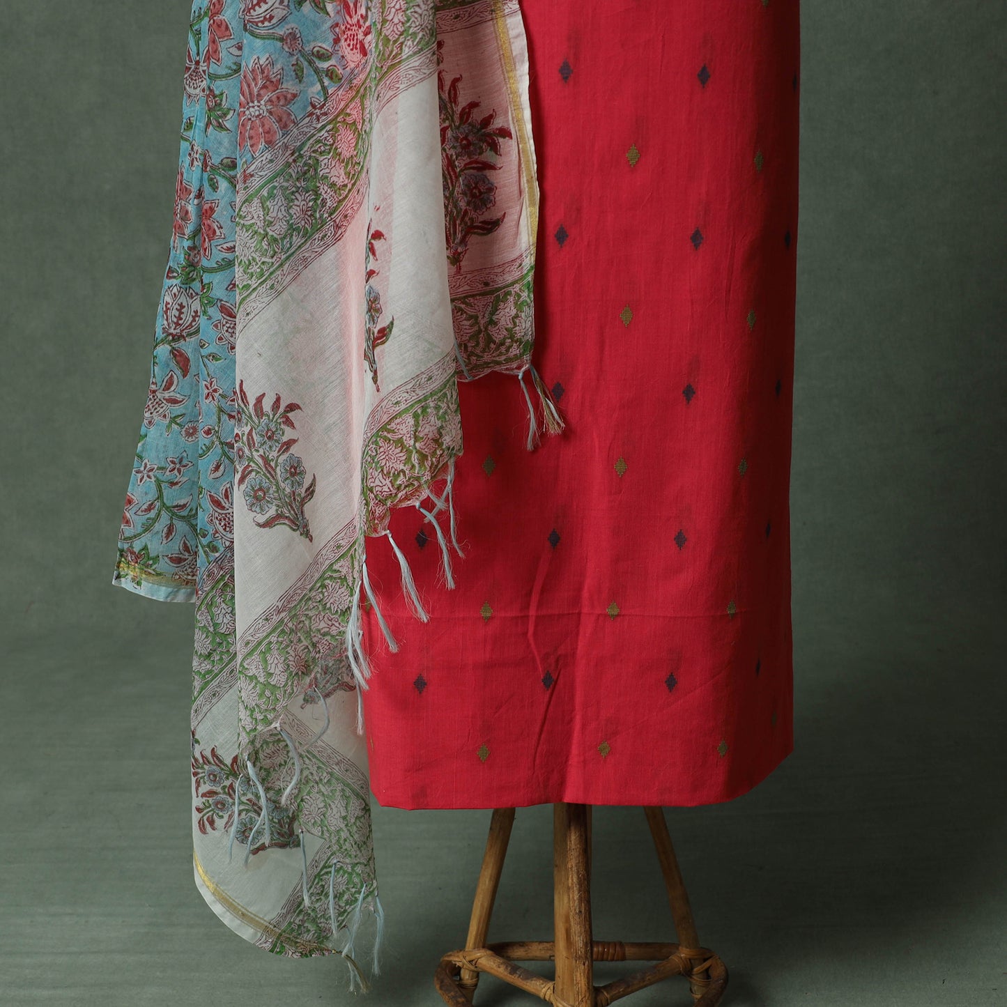 Jacquard Woven Cotton 2pc Unstitched Dress Material Kurta Set with Jewellery 02