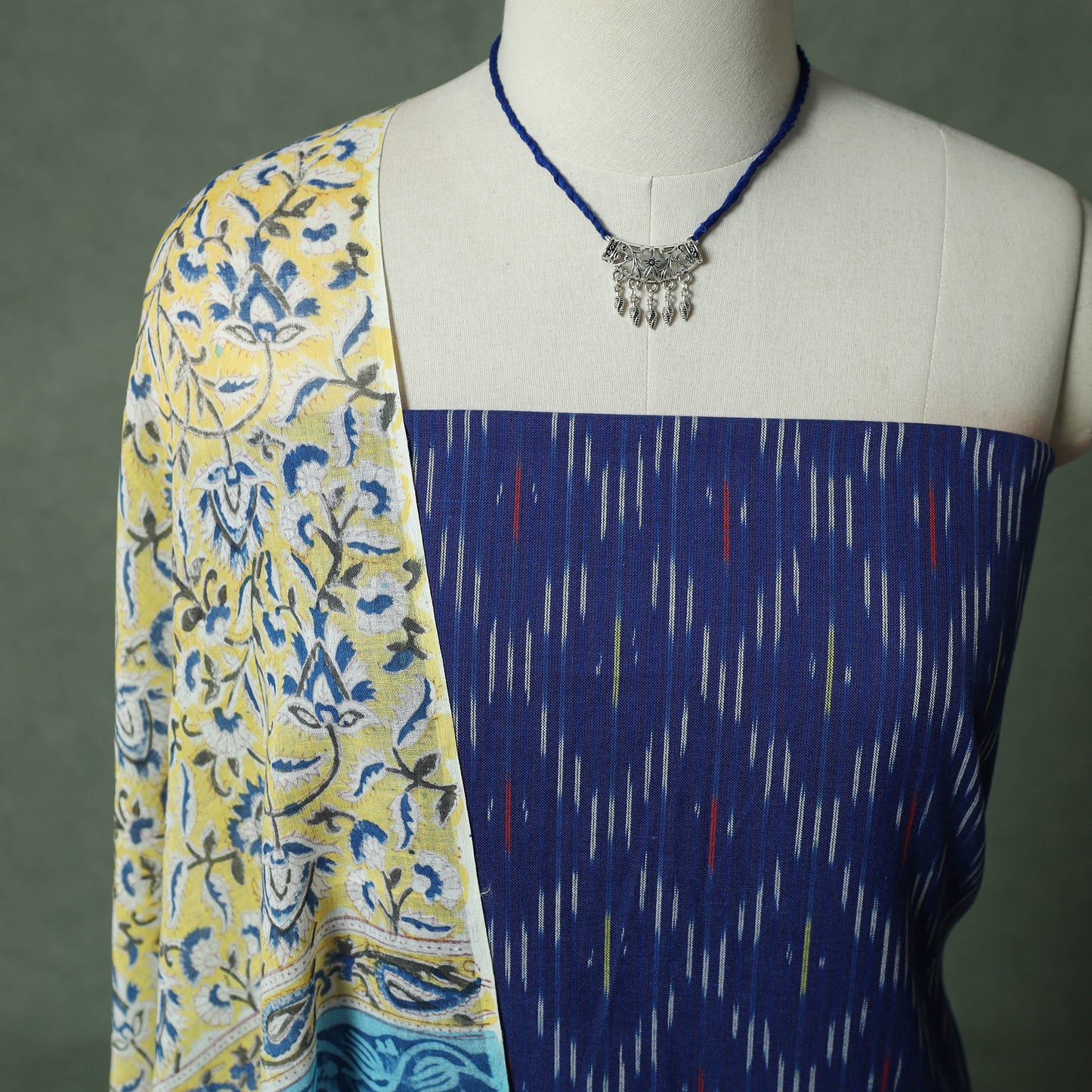 Pochampally Ikat Weave Cotton 2pc Unstitched Dress Material Kurta Set with Jewellery 04