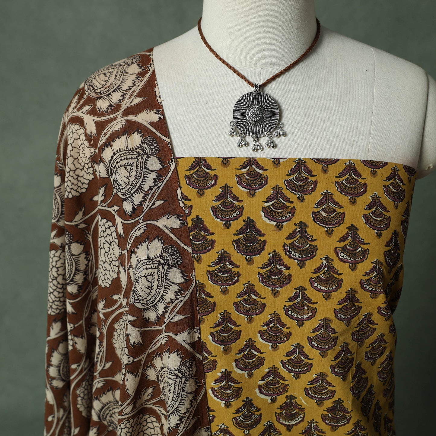 Bagru Hand Block Print Cotton 2pc Unstitched Dress Material Kurta Set with Jewellery 09