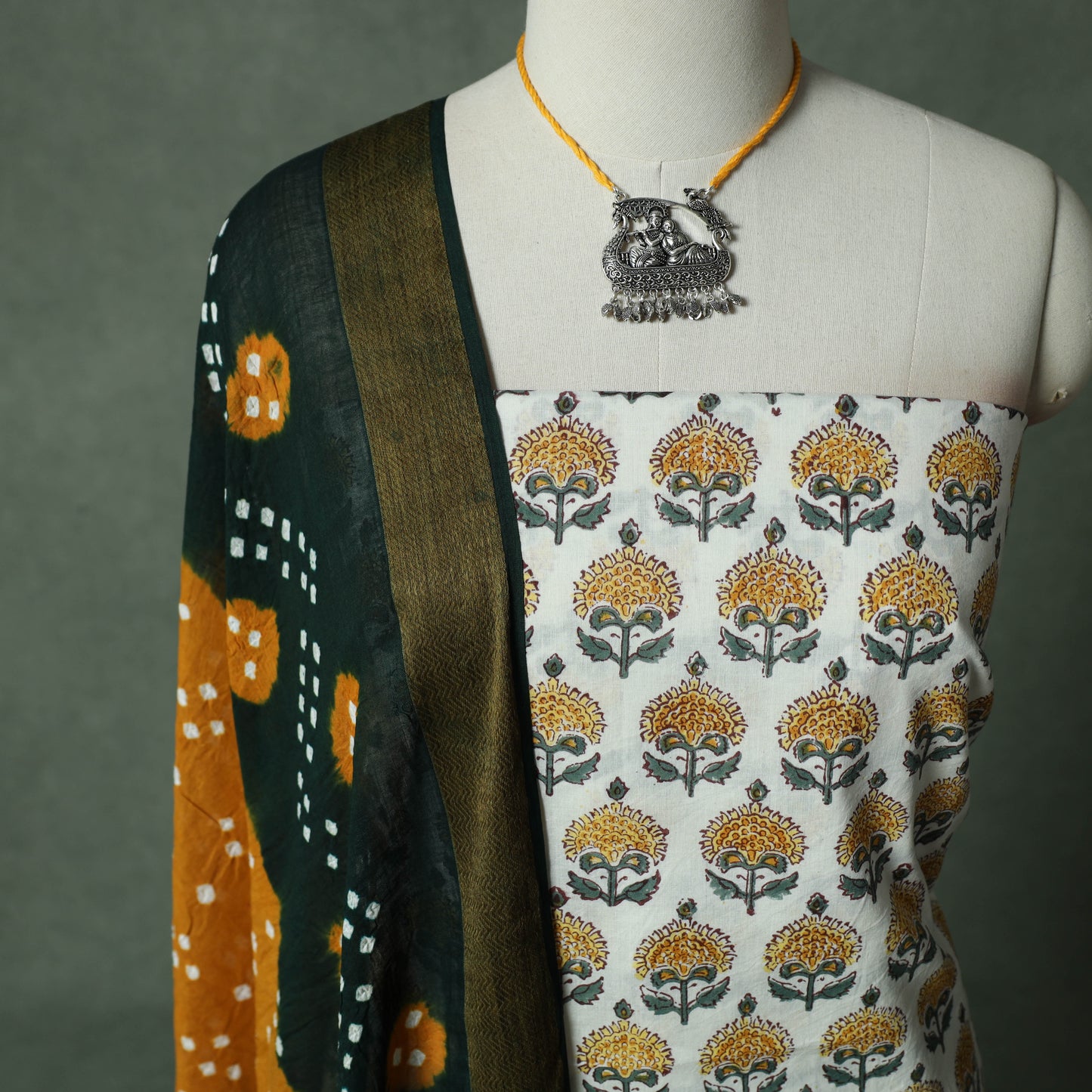 Sanganeri Hand Block Print Cotton 2pc Unstitched Dress Material Kurta Set with Jewellery 13