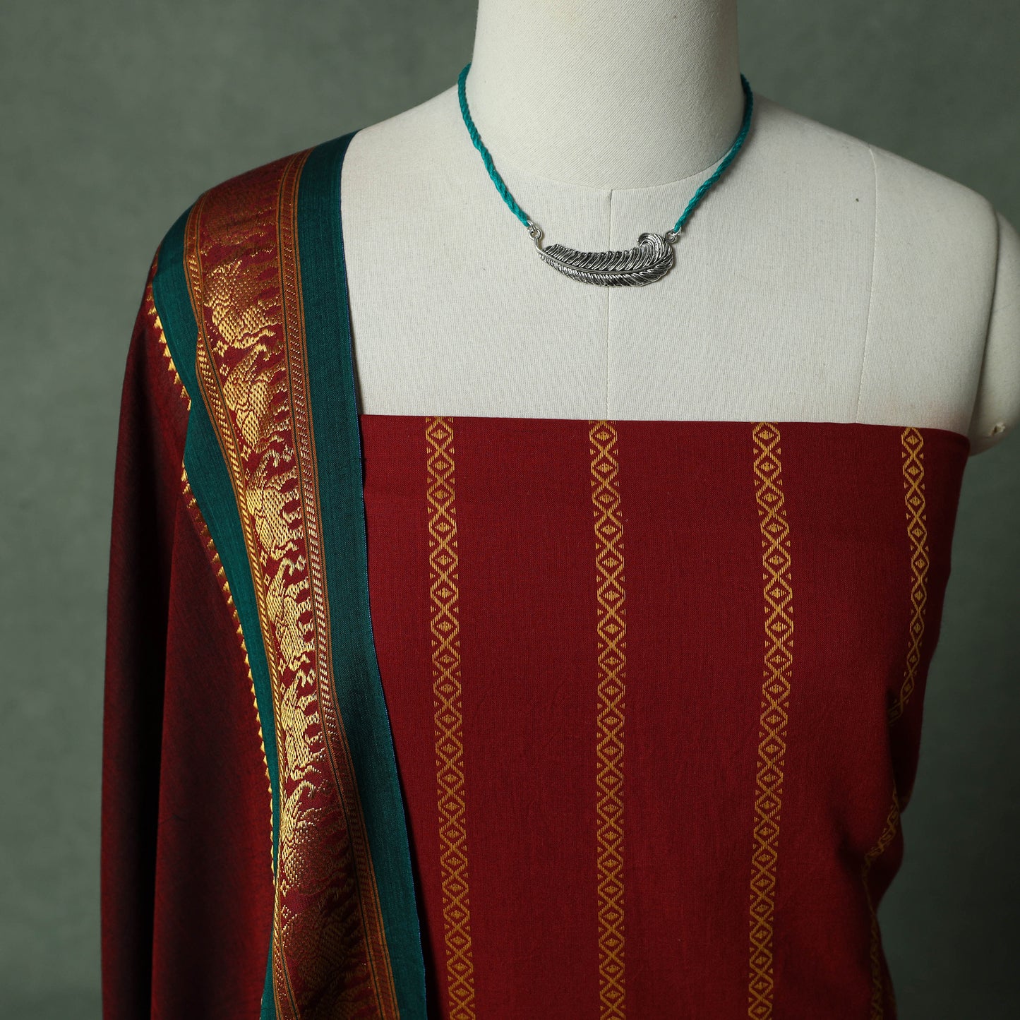 Jacquard Woven Cotton 2pc Unstitched Dress Material Kurta Set with Jewellery 16