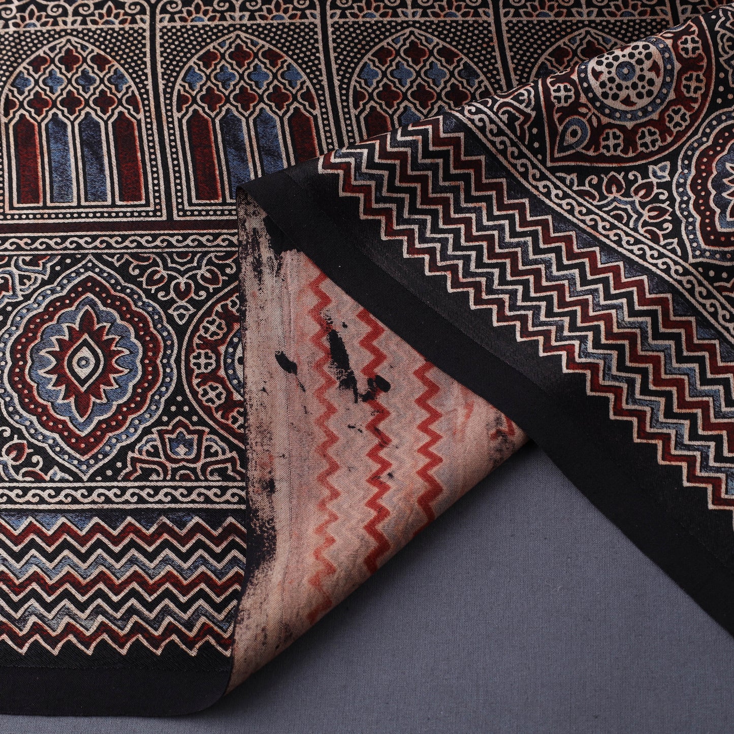 Black Natural Dyed Mashru Silk Ajrakh Print Fabric