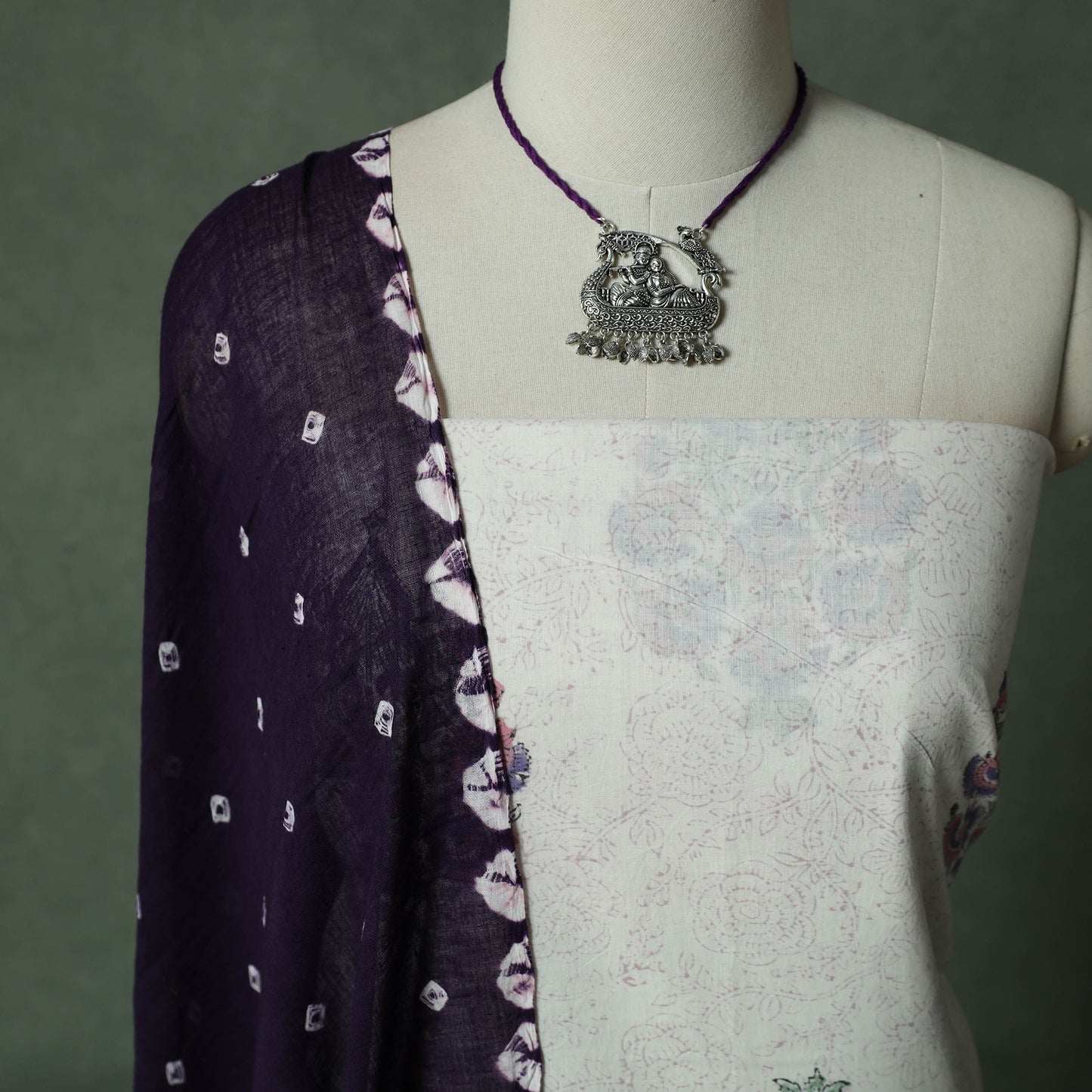 Sanganeri Hand Block Print Cotton 2pc Unstitched Dress Material Kurta Set with Jewellery 19