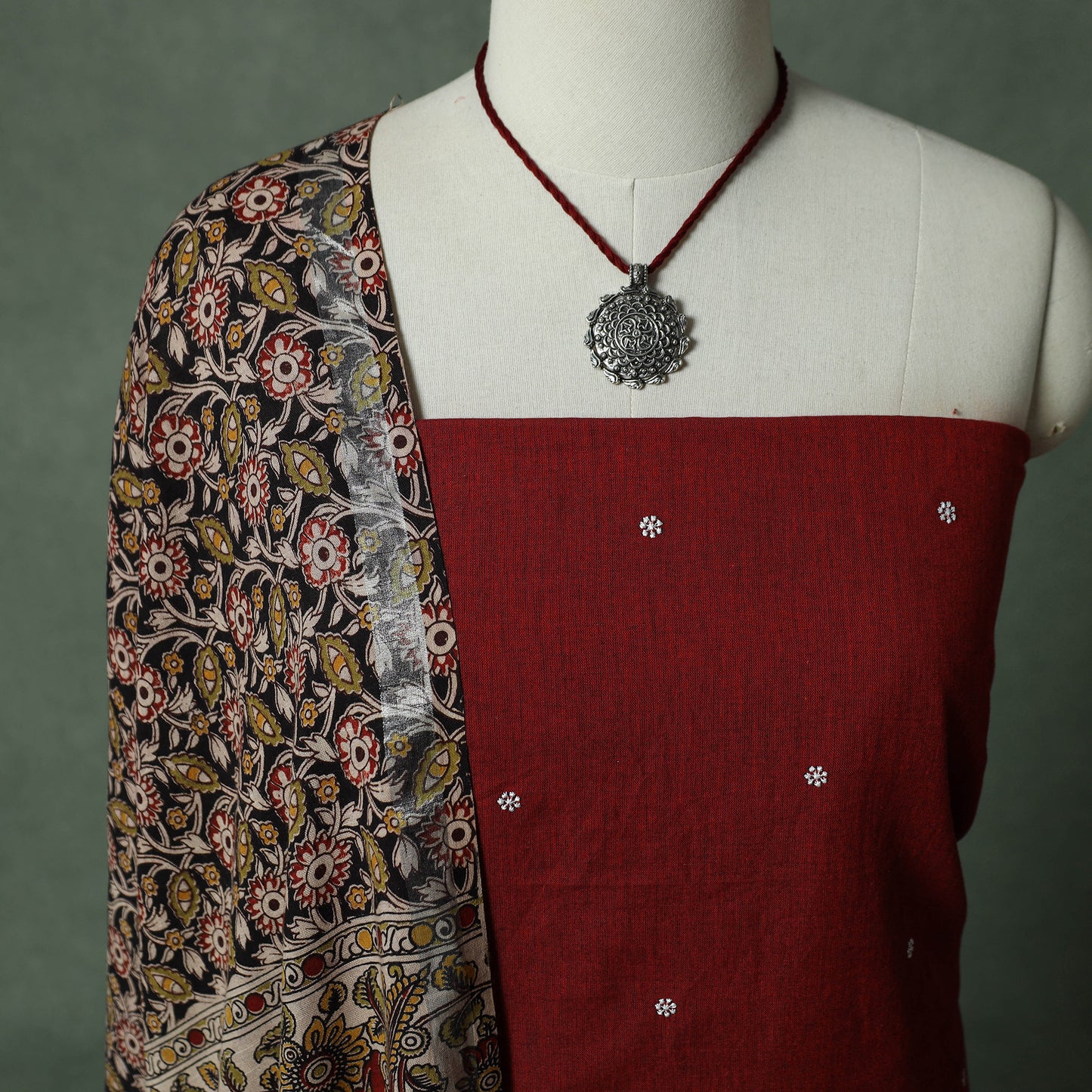 Jacquard Woven Cotton 2pc Unstitched Dress Material Kurta Set with Jewellery 25