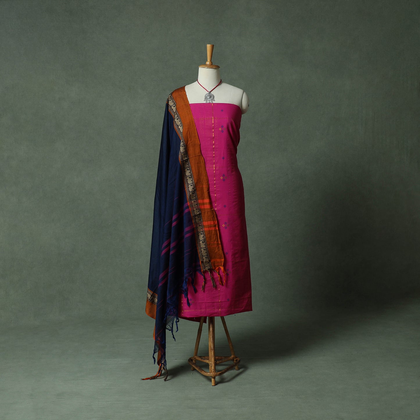 Jacquard Woven Cotton 2pc Unstitched Dress Material Kurta Set with Jewellery 29