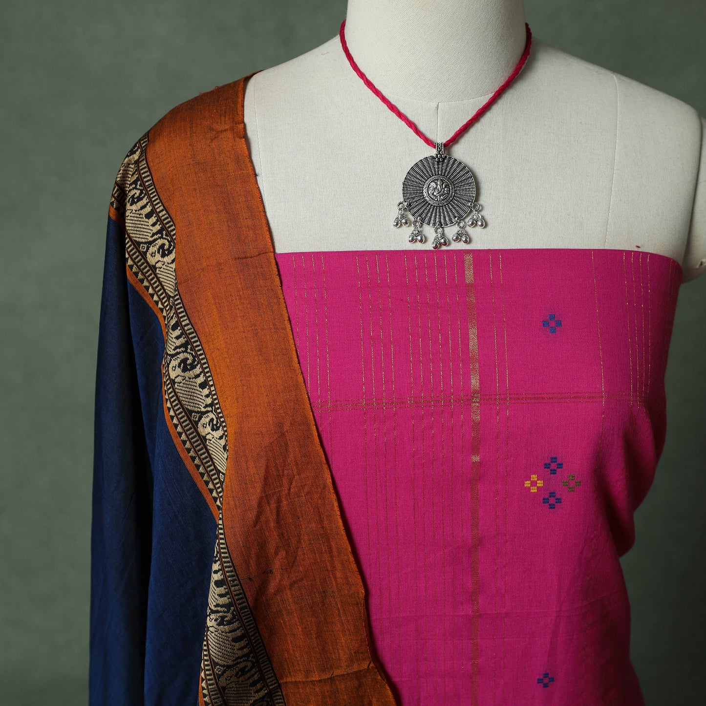 Jacquard Woven Cotton 2pc Unstitched Dress Material Kurta Set with Jewellery 29