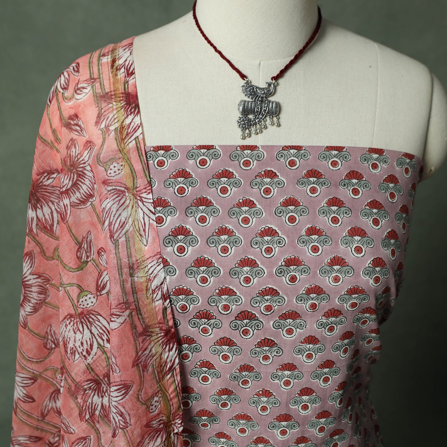 Sanganeri Hand Block Print 2pc Cotton Unstitched Dress Material Kurta Set with Jewellery 05