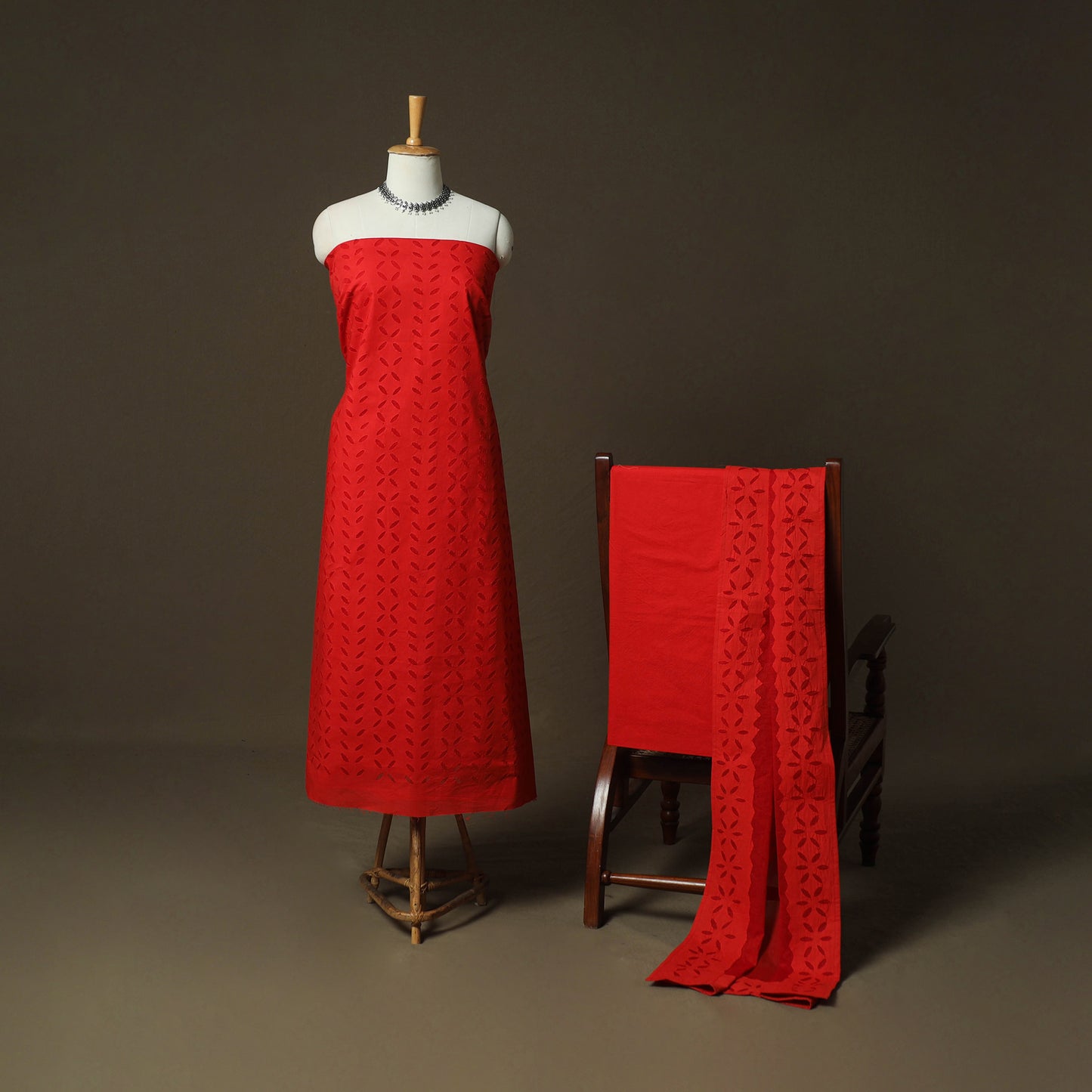 Red - Barmer Applique Cutwork Cotton 3pc Unstitched Dress Material Suit Set 01