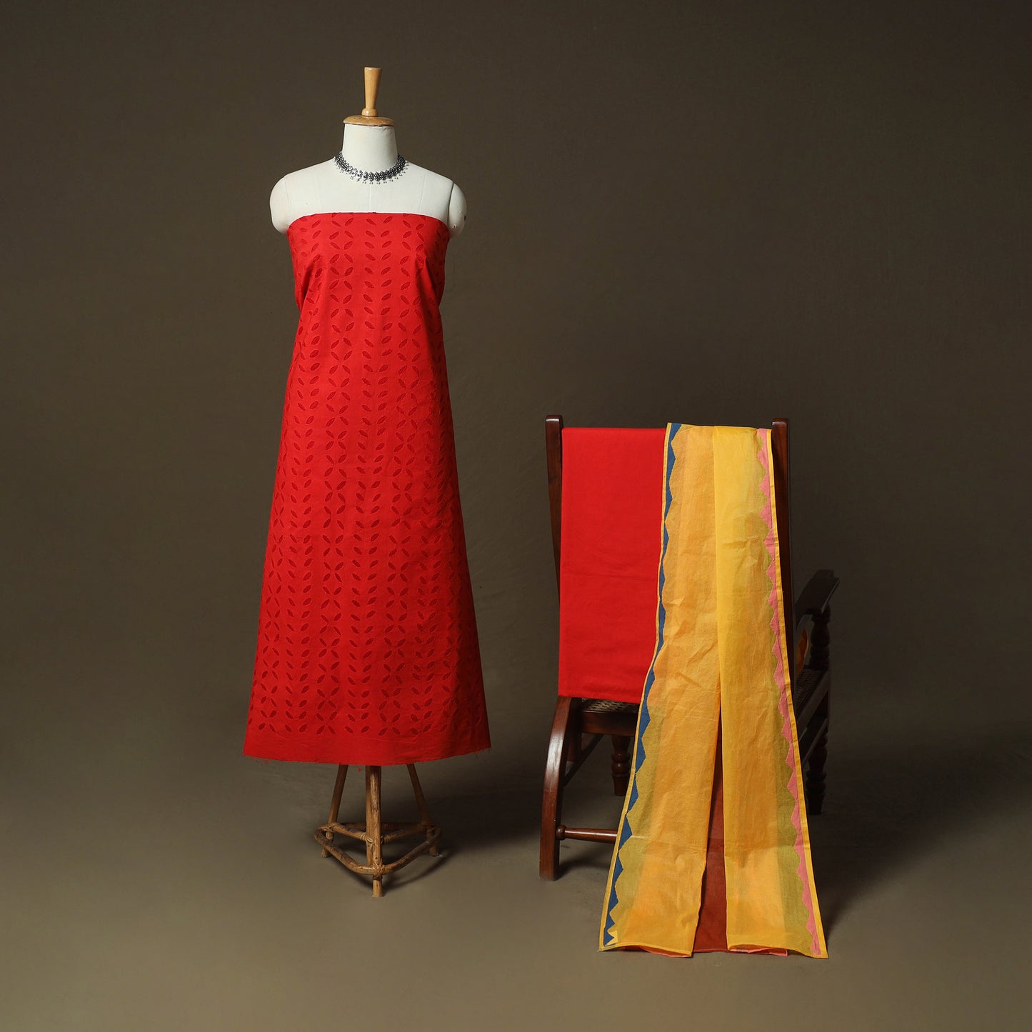 Red - Barmer Applique Cutwork Cotton 3pc Unstitched Dress Material Suit Set 09