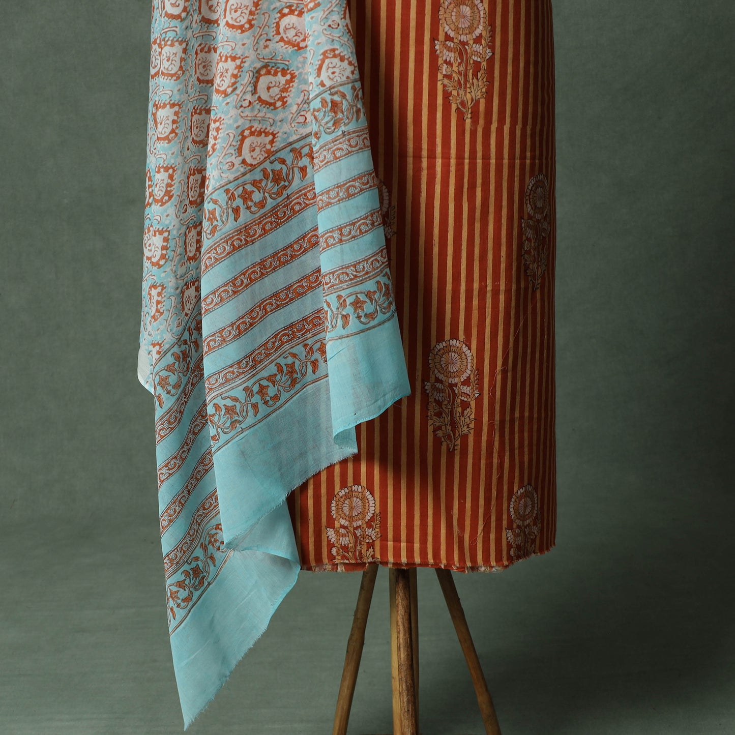 Sanganeri Hand Block Print 2pc Cotton Unstitched Dress Material Kurta Set with Jewellery 15
