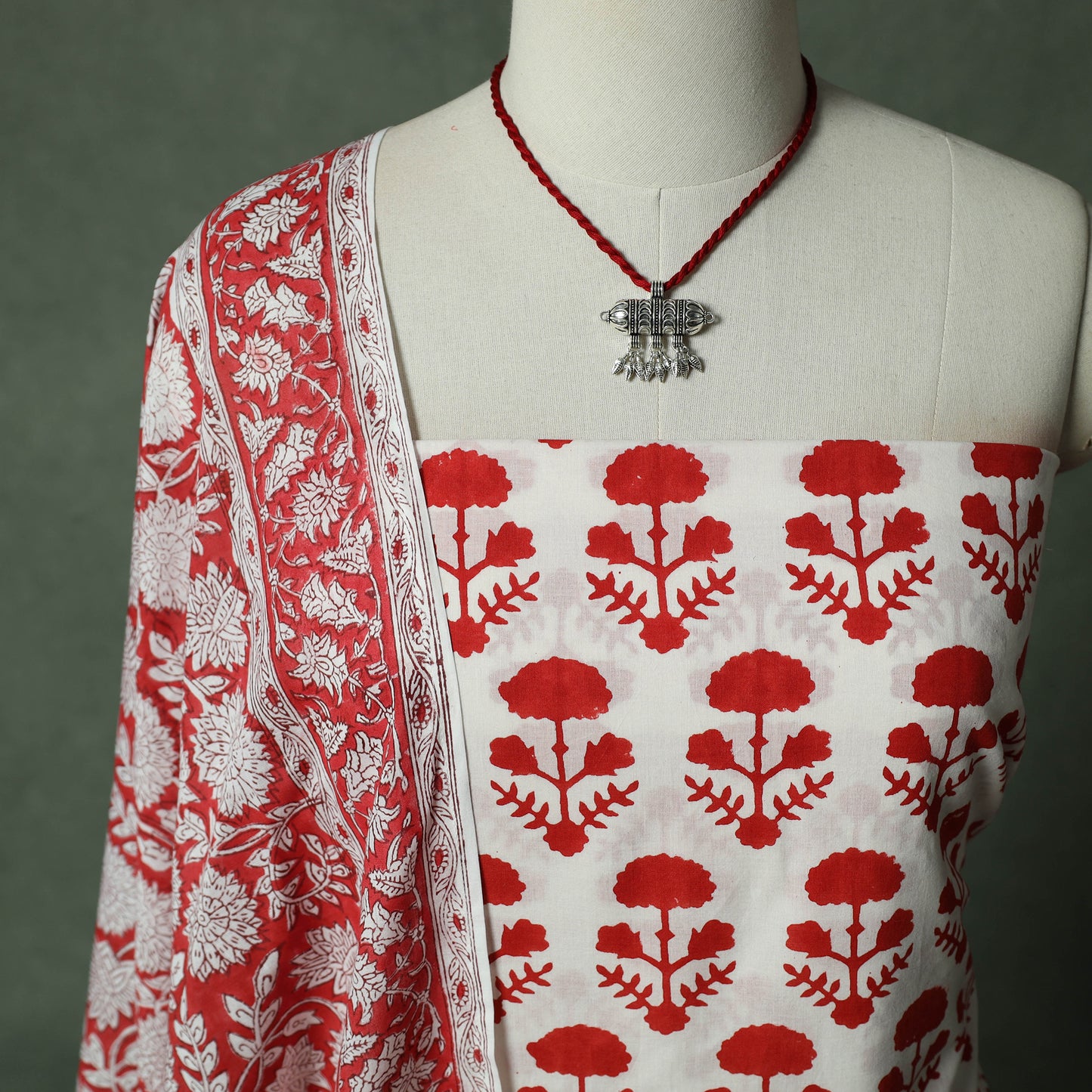 Sanganeri Hand Block Print 2pc Cotton Unstitched Dress Material Kurta Set with Jewellery 19