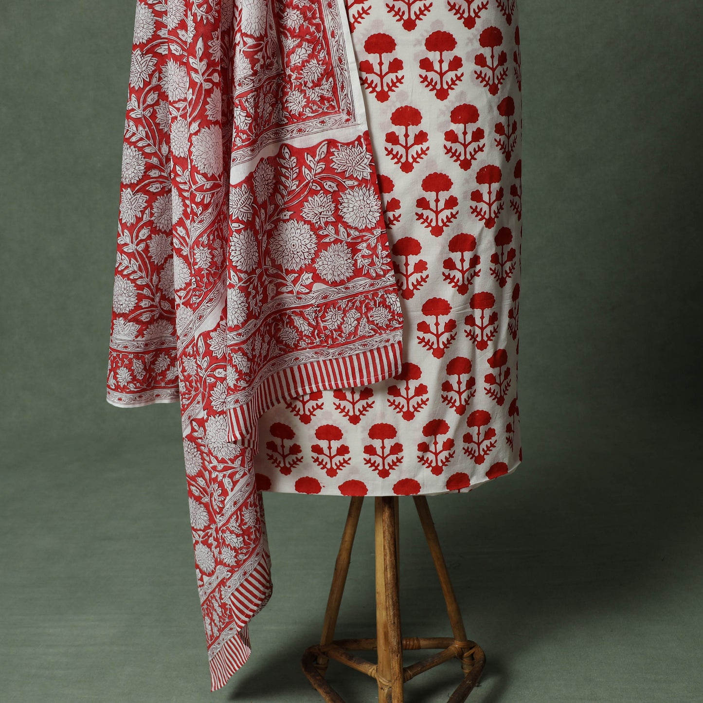 Sanganeri Hand Block Print 2pc Cotton Unstitched Dress Material Kurta Set with Jewellery 19