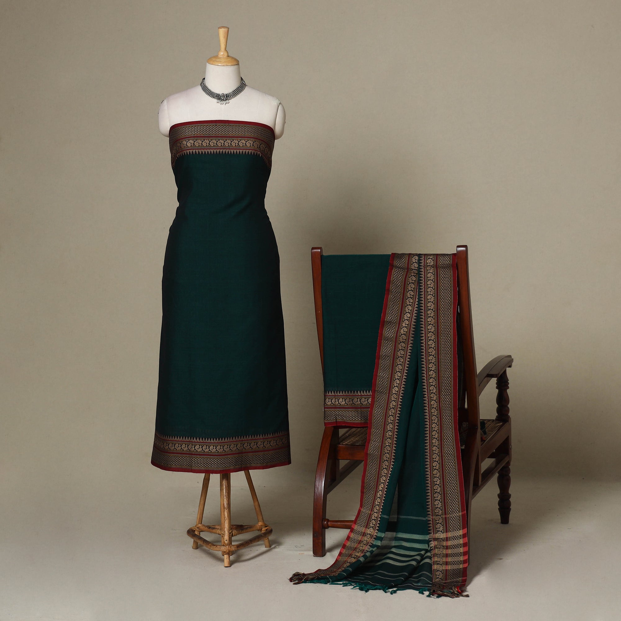 Green - Dharwad Cotton 3pc Unstitched Dress Material with Border 147