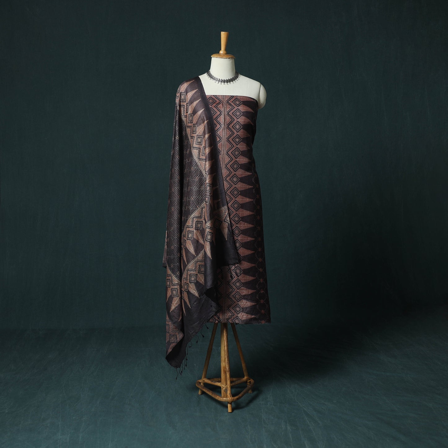 Brown - 2pc Ajrakh Hand Block Print Handloom Tussar Silk Natural Dyed Unstitched Dress Material Kurta Set 01