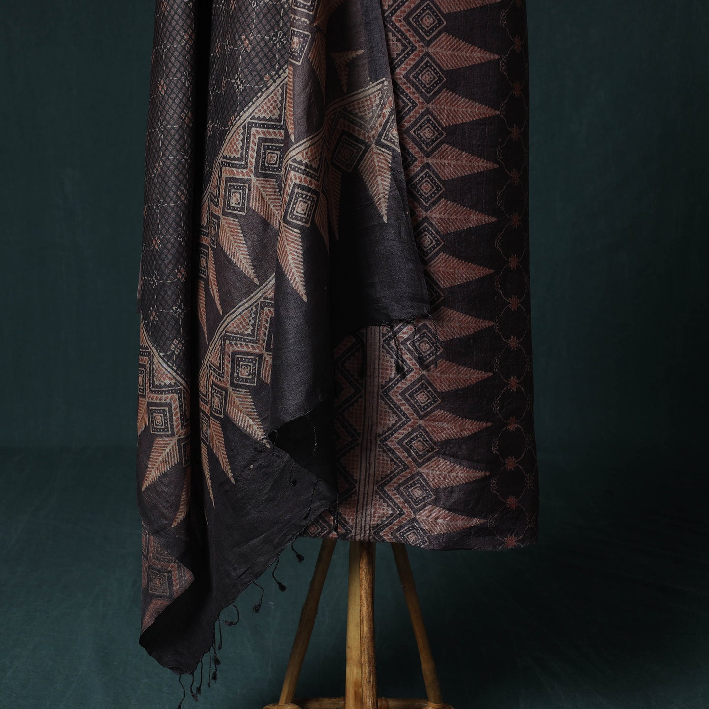 Brown - 2pc Ajrakh Hand Block Print Handloom Tussar Silk Natural Dyed Unstitched Dress Material Kurta Set 01