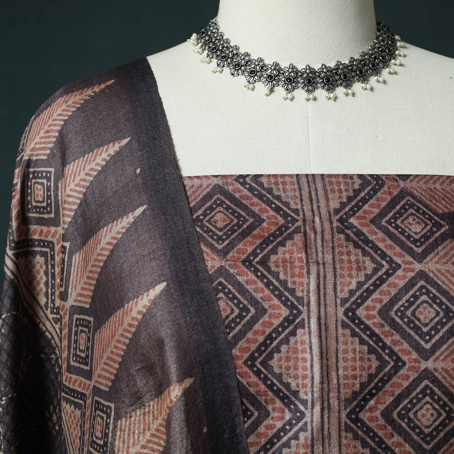 Brown - 2pc Ajrakh Hand Block Print Handloom Tussar Silk Natural Dyed Unstitched Dress Material Kurta Set 01