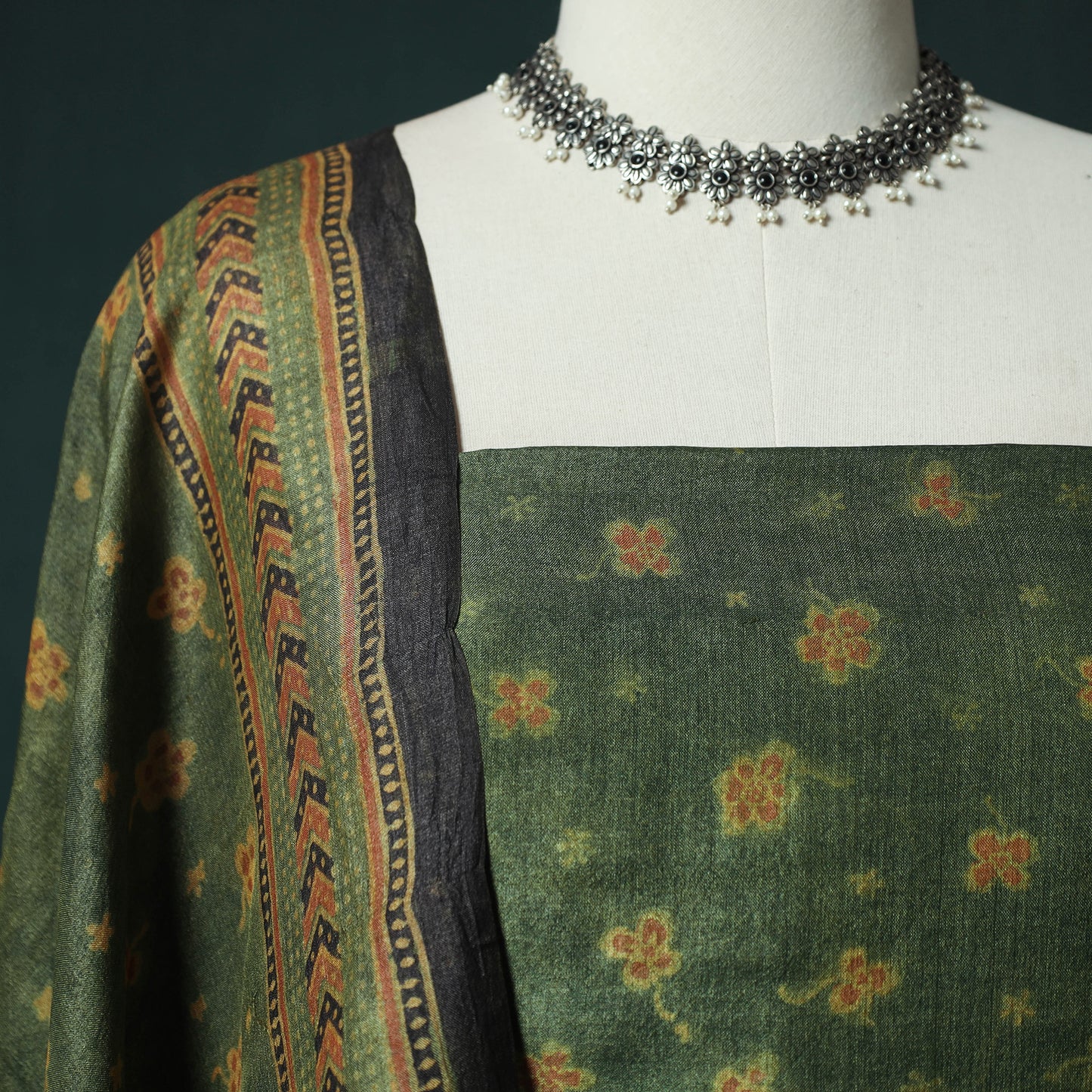 Green - 2pc Ajrakh Hand Block Print Handloom Tussar Silk Natural Dyed Unstitched Dress Material Kurta Set 02