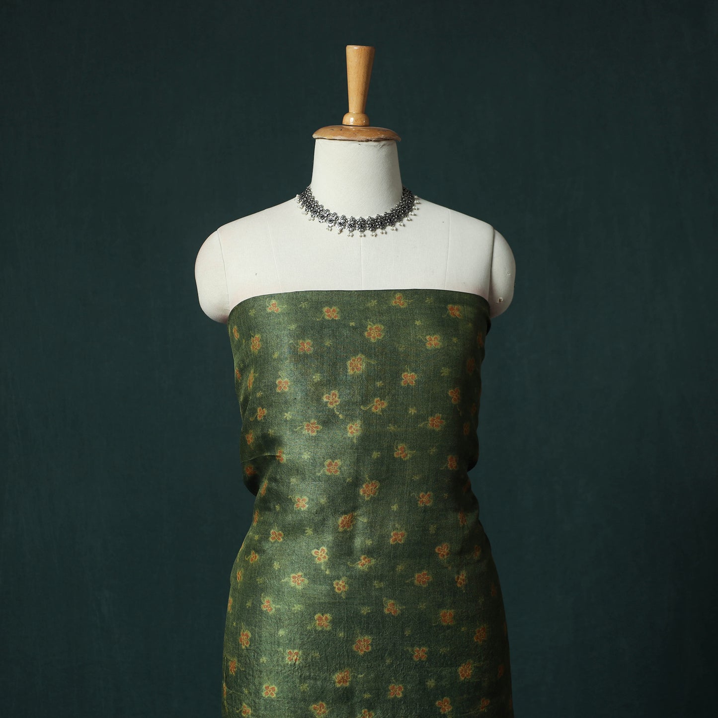 Green - 2pc Ajrakh Hand Block Print Handloom Tussar Silk Natural Dyed Unstitched Dress Material Kurta Set 02