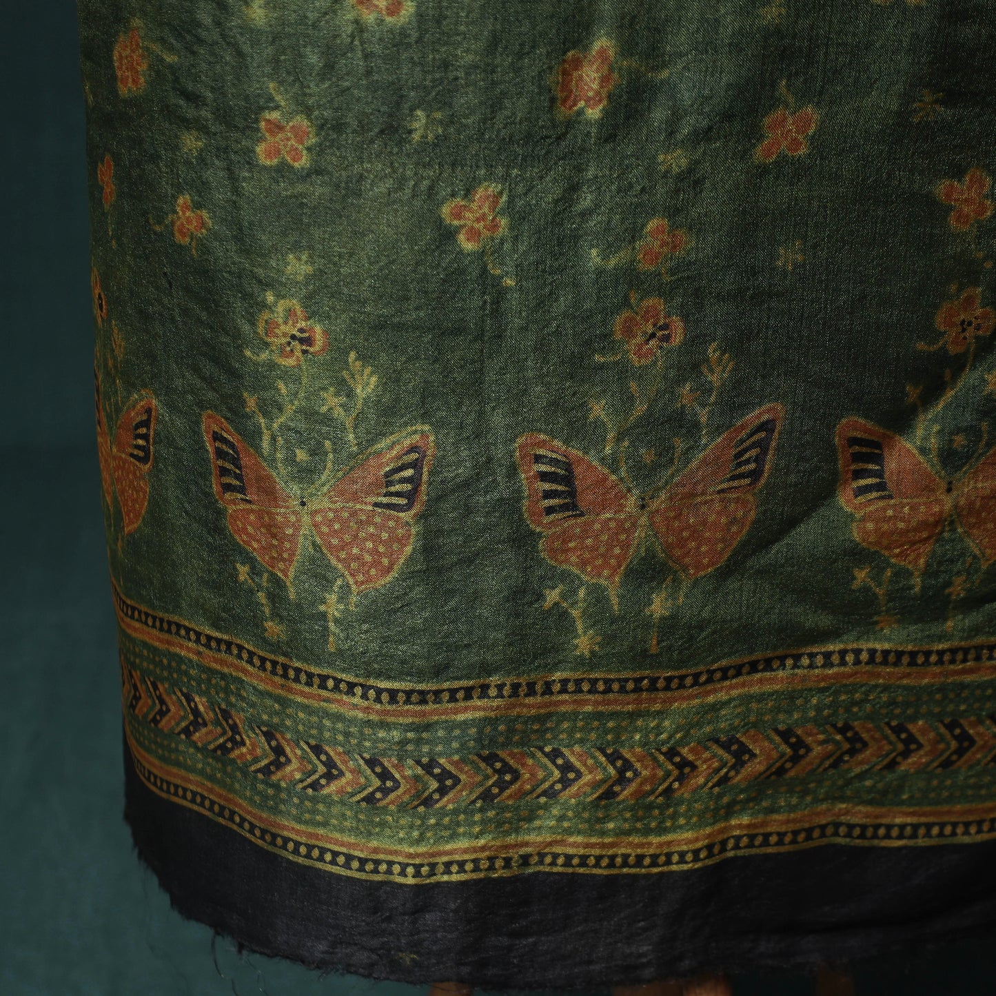 Green - 2pc Ajrakh Hand Block Print Handloom Tussar Silk Natural Dyed Unstitched Dress Material Kurta Set 02
