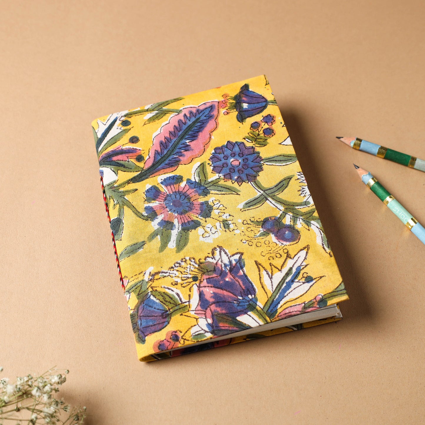 Yellow - sanganeri fabric cover handmade paper notebook (7