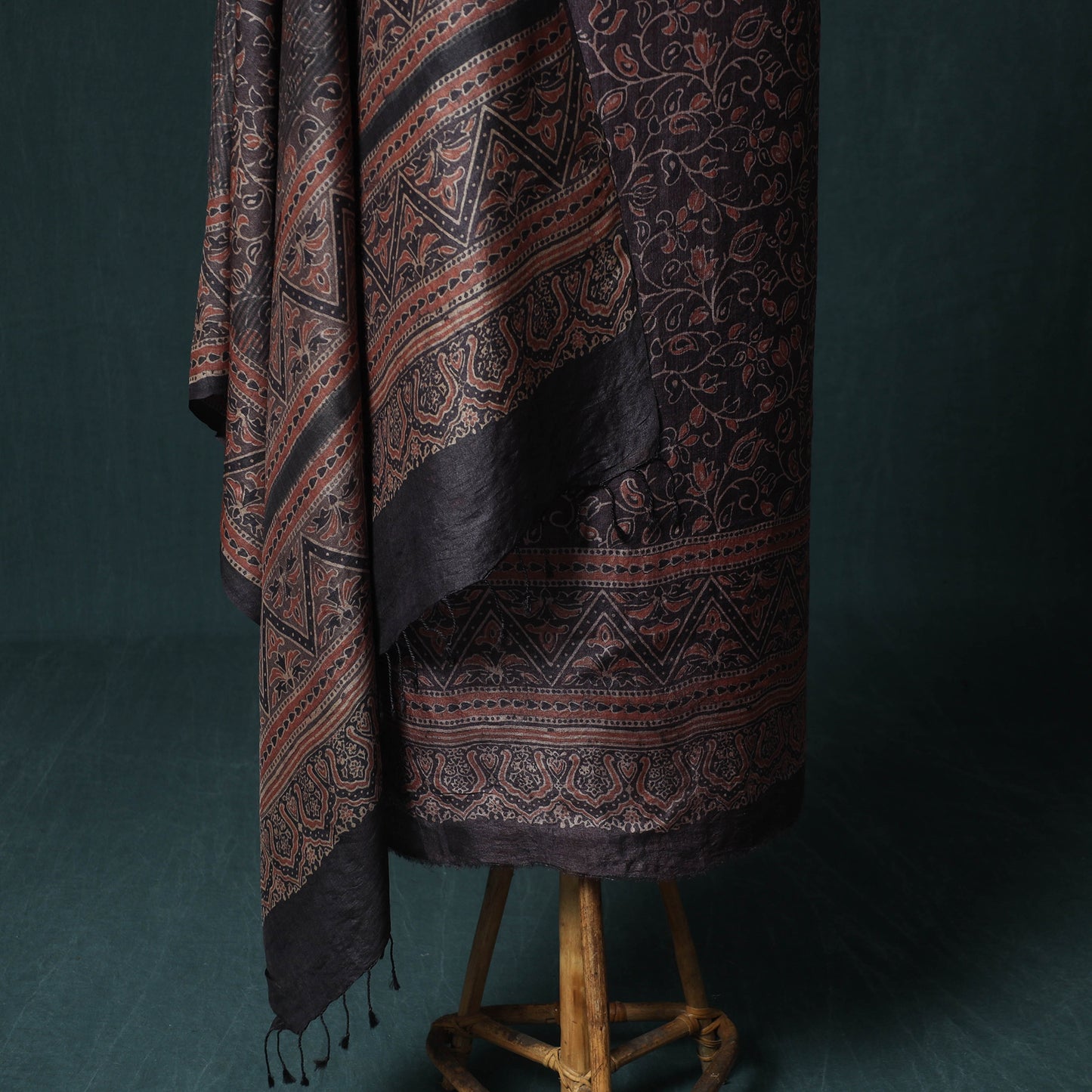 Brown - 2pc Ajrakh Hand Block Print Handloom Tussar Silk Natural Dyed Unstitched Dress Material Kurta Set 03