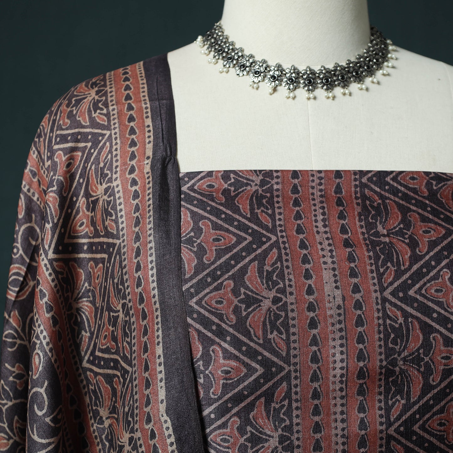 Brown - 2pc Ajrakh Hand Block Print Handloom Tussar Silk Natural Dyed Unstitched Dress Material Kurta Set 03