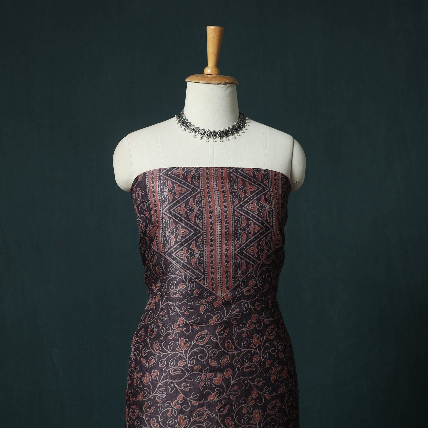 Brown - 2pc Ajrakh Hand Block Print Handloom Tussar Silk Natural Dyed Unstitched Dress Material Kurta Set 03
