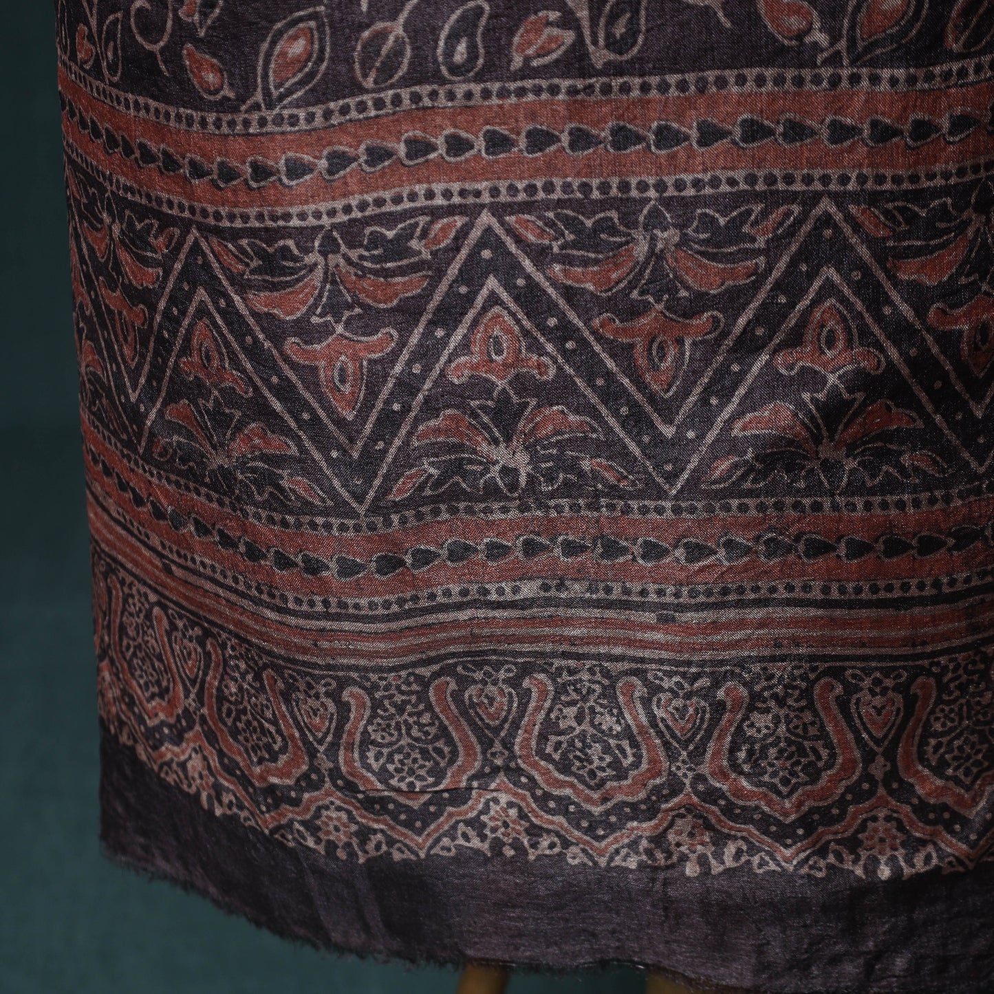 Brown - 2pc Ajrakh Hand Block Print Handloom Tussar Silk Natural Dyed Unstitched Dress Material Kurta Set 03