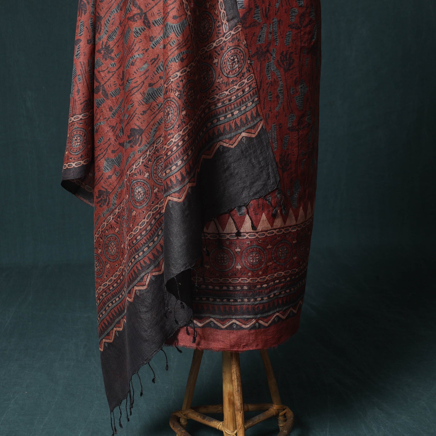 Red - 2pc Ajrakh Hand Block Print Handloom Tussar Silk Natural Dyed Unstitched Dress Material Kurta Set 04