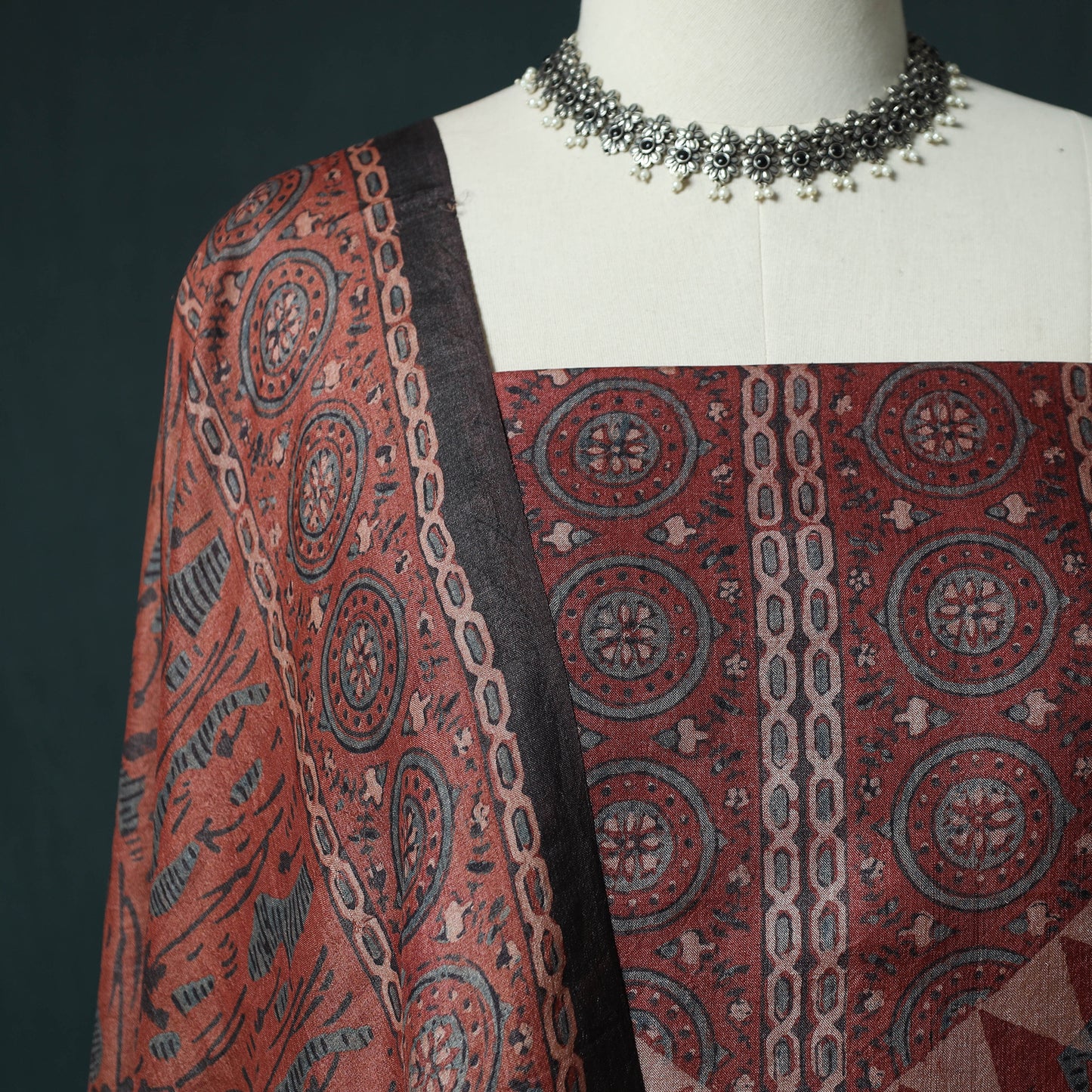 Red - 2pc Ajrakh Hand Block Print Handloom Tussar Silk Natural Dyed Unstitched Dress Material Kurta Set 04