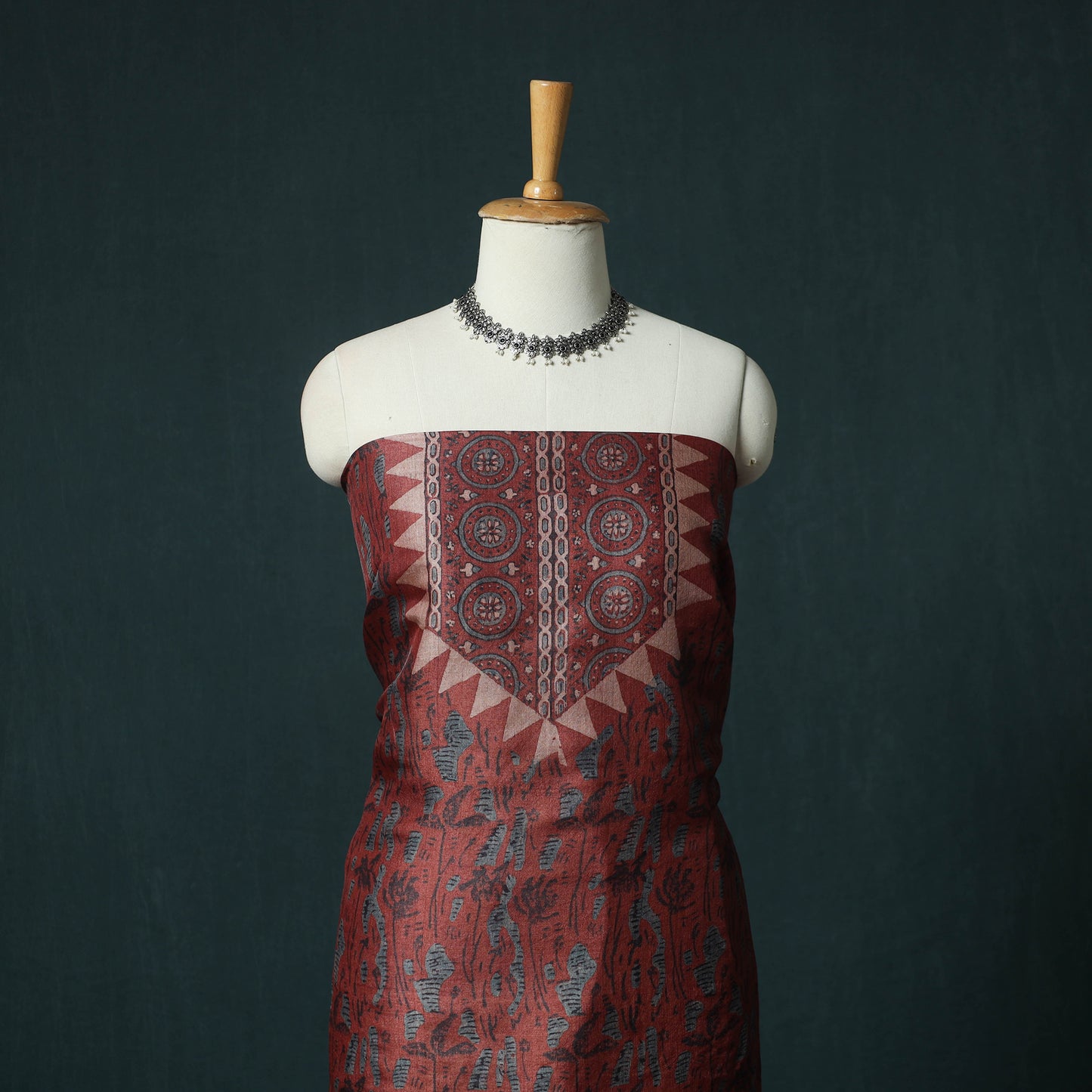 Red - 2pc Ajrakh Hand Block Print Handloom Tussar Silk Natural Dyed Unstitched Dress Material Kurta Set 04