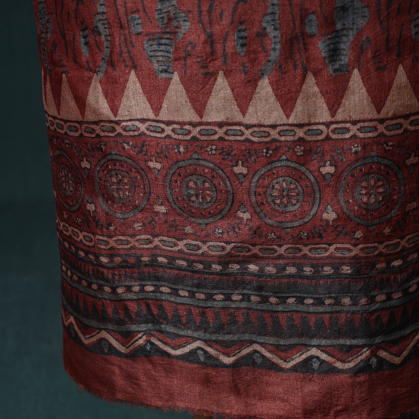 Red - 2pc Ajrakh Hand Block Print Handloom Tussar Silk Natural Dyed Unstitched Dress Material Kurta Set 04