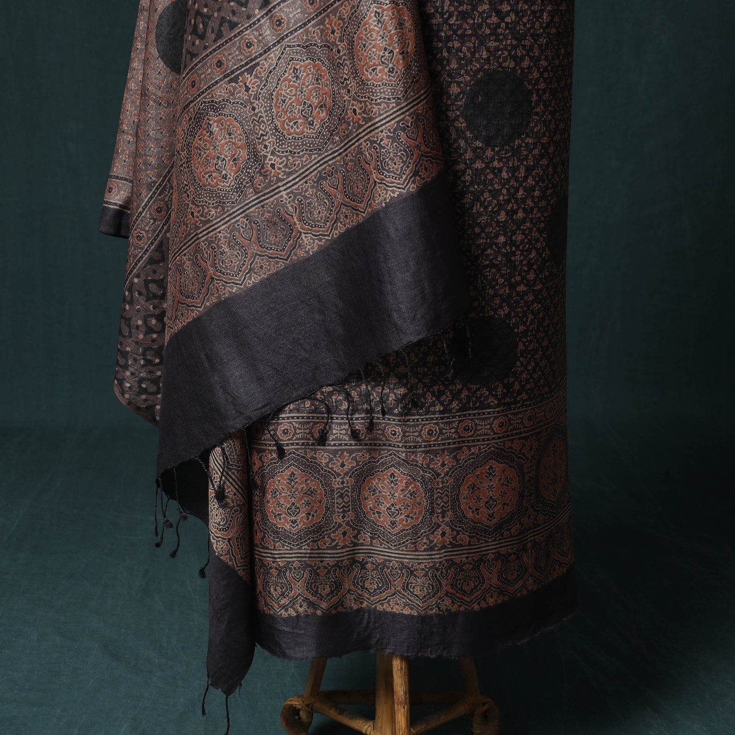 Brown - 2pc Ajrakh Hand Block Print Handloom Tussar Silk Natural Dyed Unstitched Dress Material Kurta Set 06