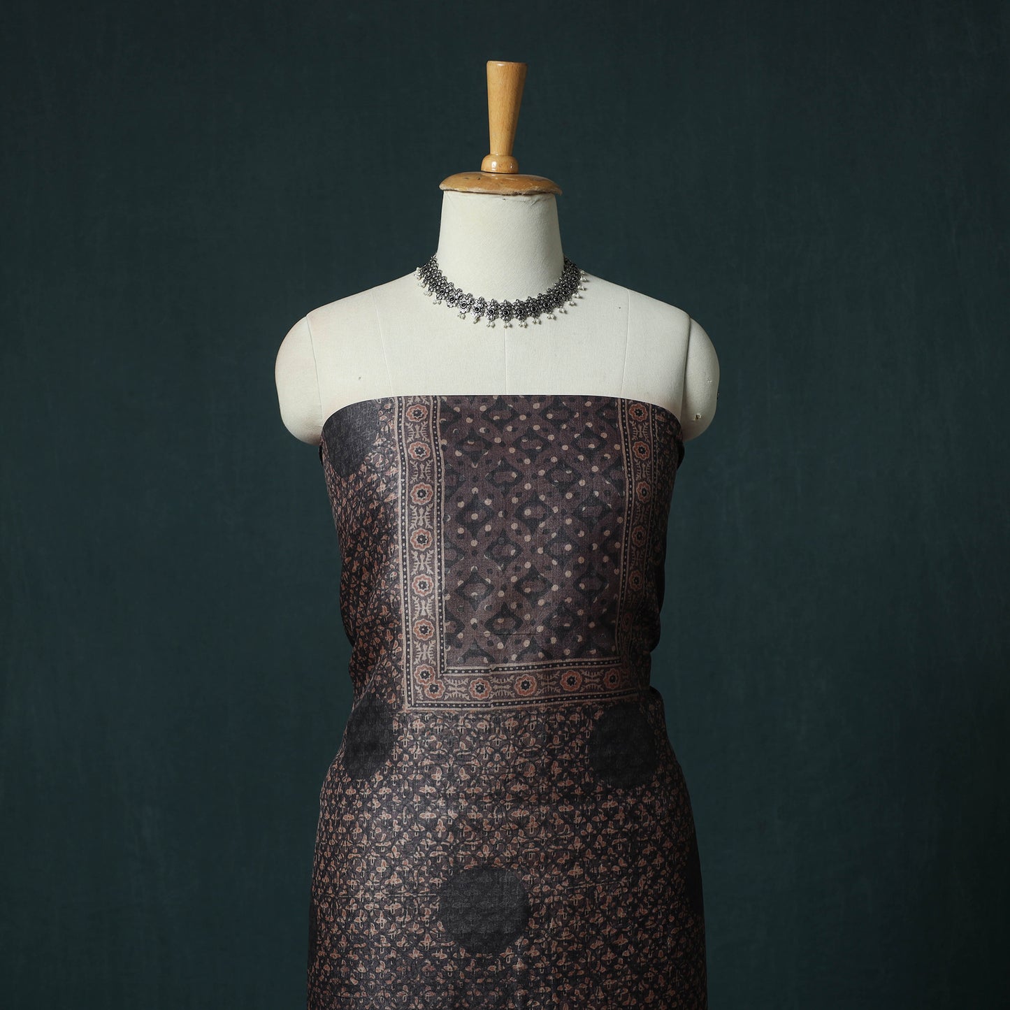 Brown - 2pc Ajrakh Hand Block Print Handloom Tussar Silk Natural Dyed Unstitched Dress Material Kurta Set 06