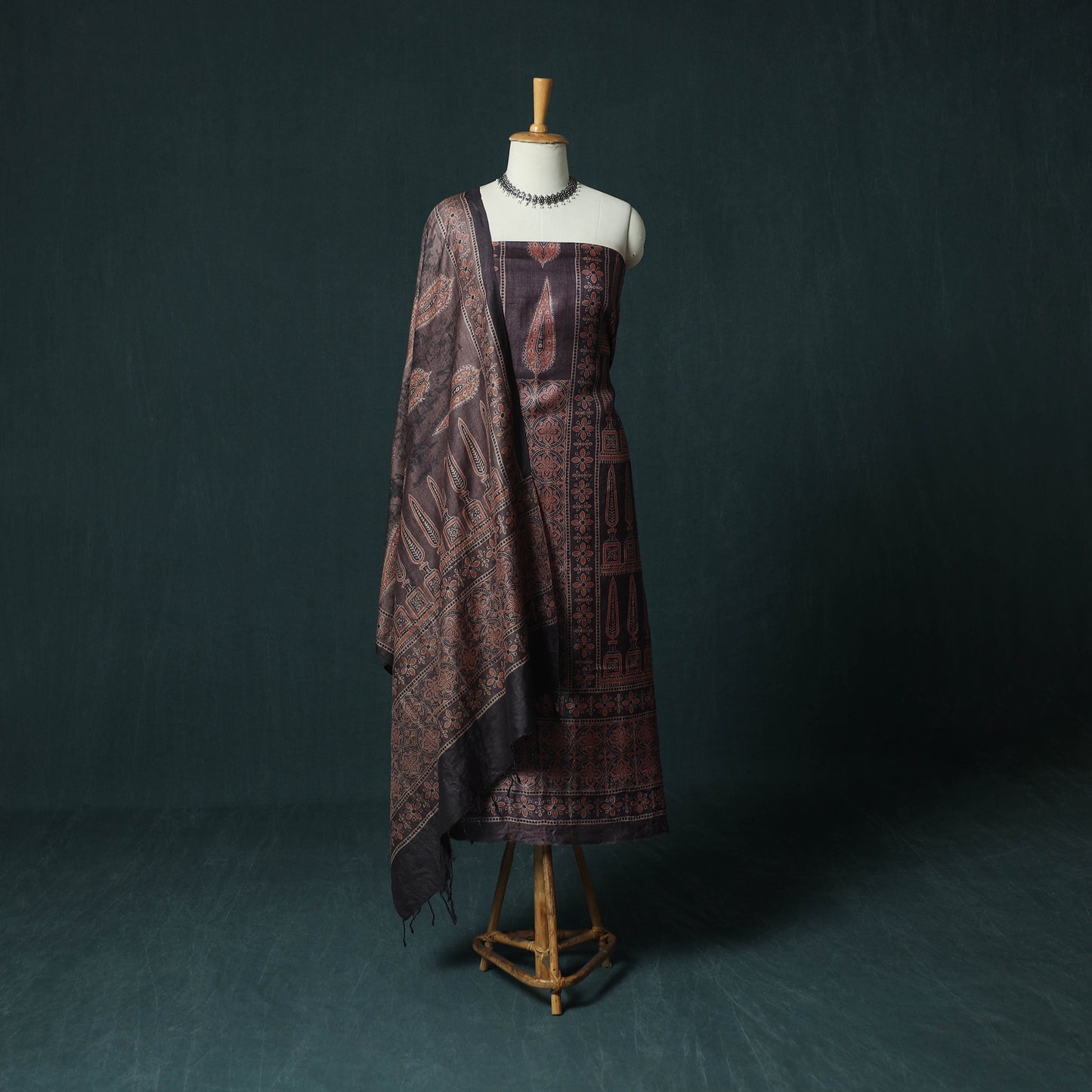 Brown - 2pc Ajrakh Hand Block Print Handloom Tussar Silk Natural Dyed Unstitched Dress Material Kurta Set 07