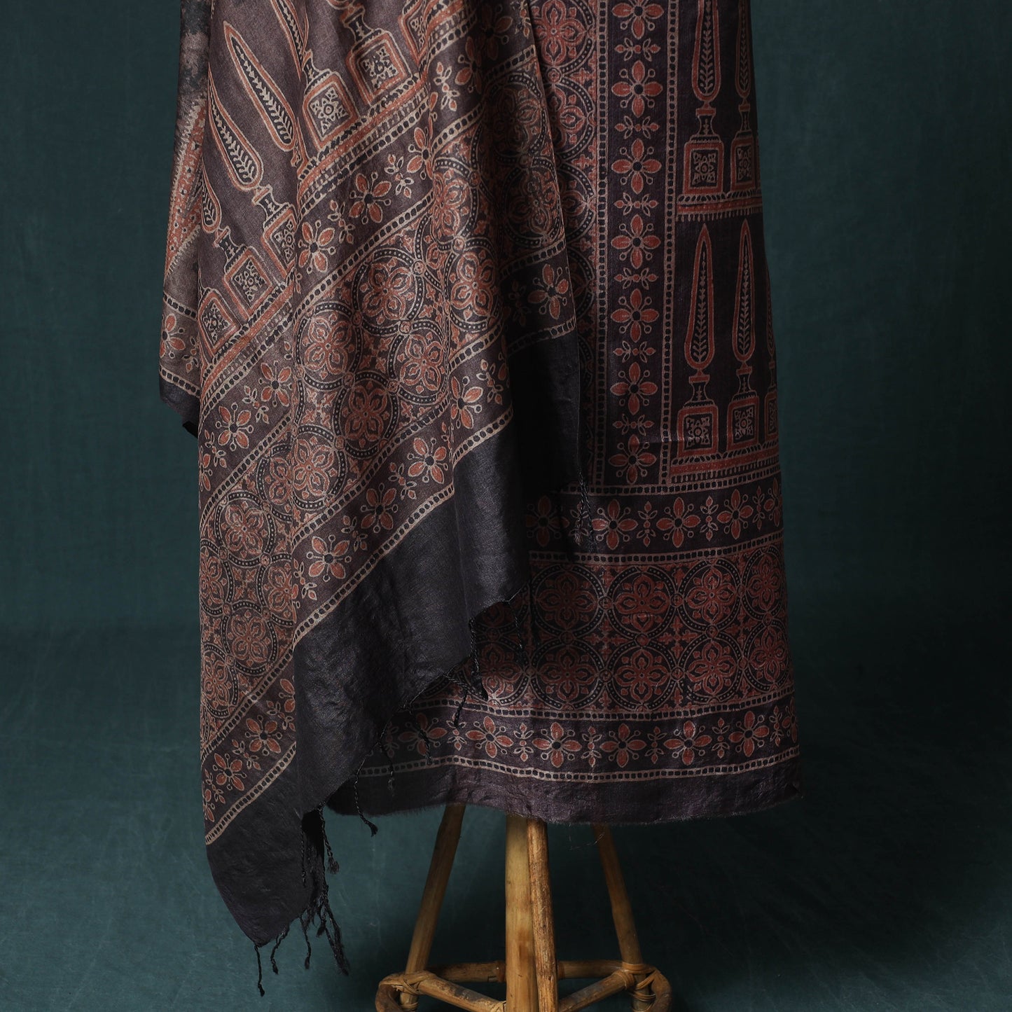 Brown - 2pc Ajrakh Hand Block Print Handloom Tussar Silk Natural Dyed Unstitched Dress Material Kurta Set 07