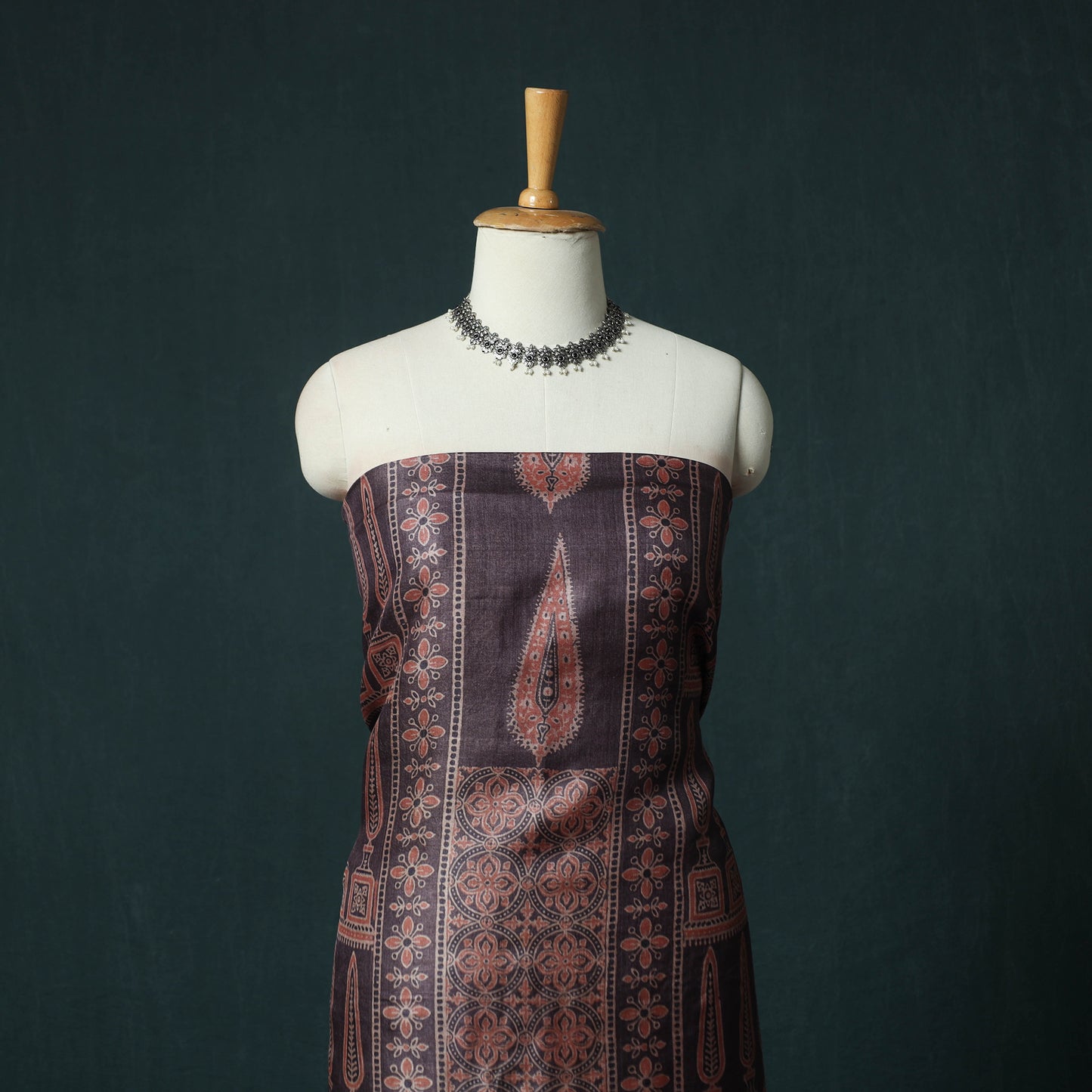 Brown - 2pc Ajrakh Hand Block Print Handloom Tussar Silk Natural Dyed Unstitched Dress Material Kurta Set 07
