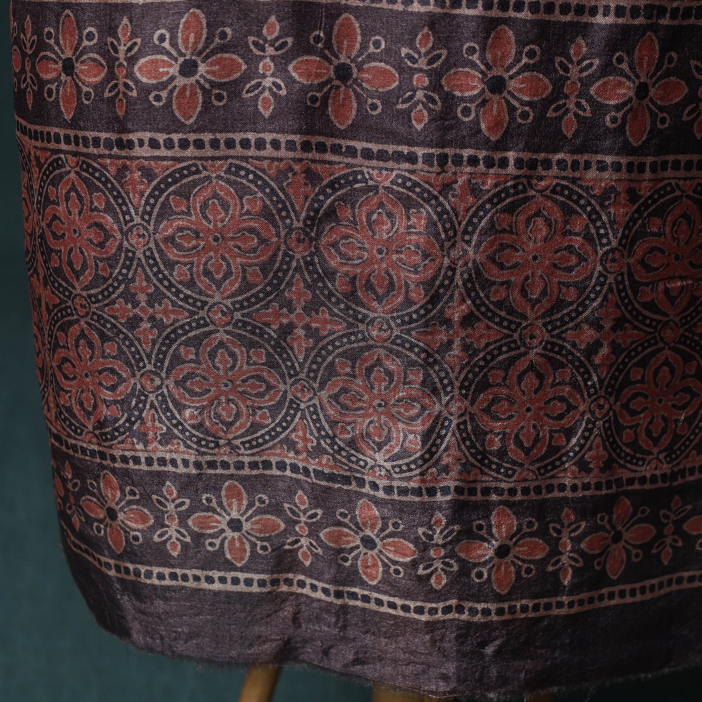 Brown - 2pc Ajrakh Hand Block Print Handloom Tussar Silk Natural Dyed Unstitched Dress Material Kurta Set 07