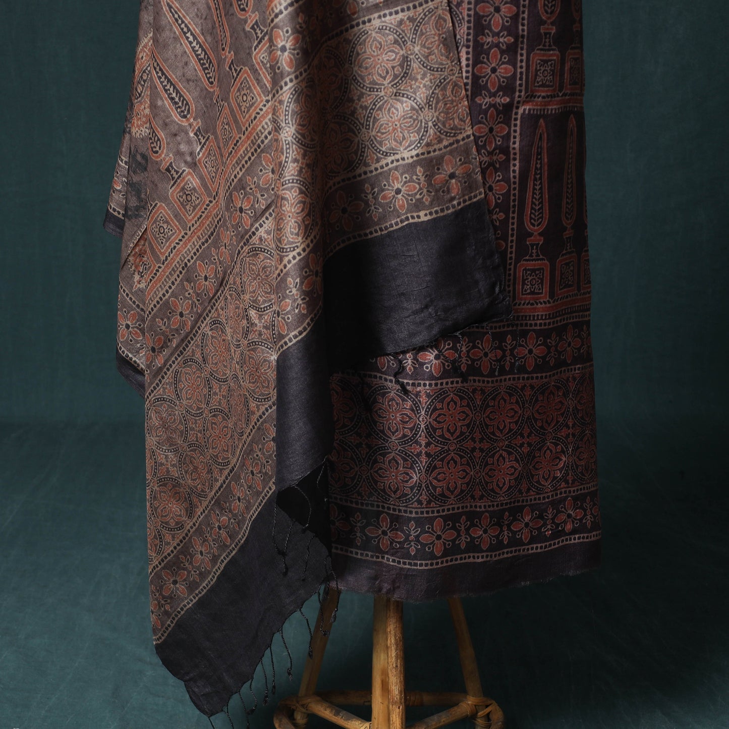 Brown - 2pc Ajrakh Hand Block Print Handloom Tussar Silk Natural Dyed Unstitched Dress Material Kurta Set 08