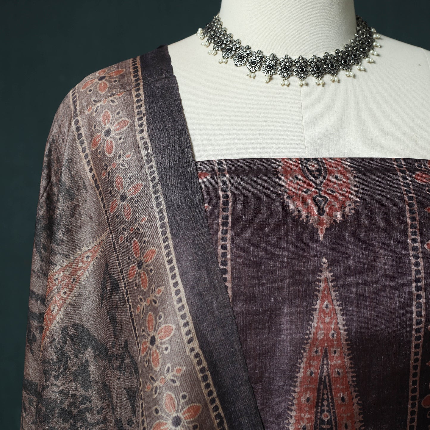 Brown - 2pc Ajrakh Hand Block Print Handloom Tussar Silk Natural Dyed Unstitched Dress Material Kurta Set 08