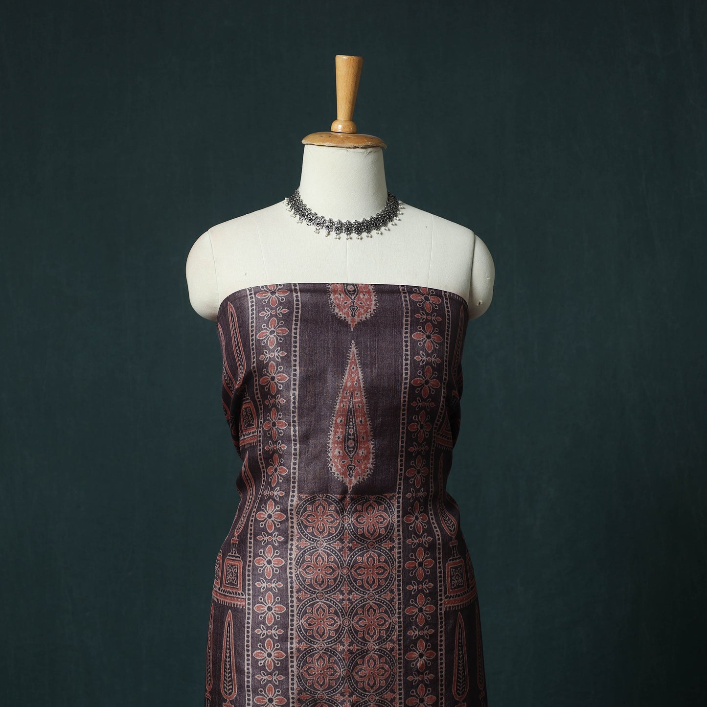 Brown - 2pc Ajrakh Hand Block Print Handloom Tussar Silk Natural Dyed Unstitched Dress Material Kurta Set 08