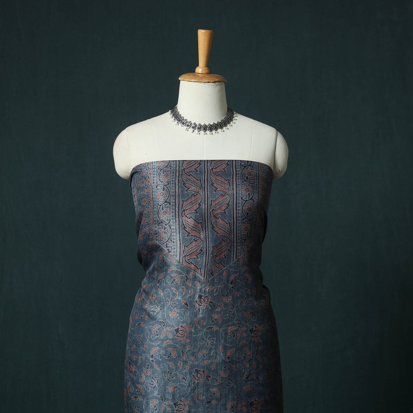 Blue - 2pc Ajrakh Hand Block Print Handloom Tussar Silk Natural Dyed Unstitched Dress Material Kurta Set 09