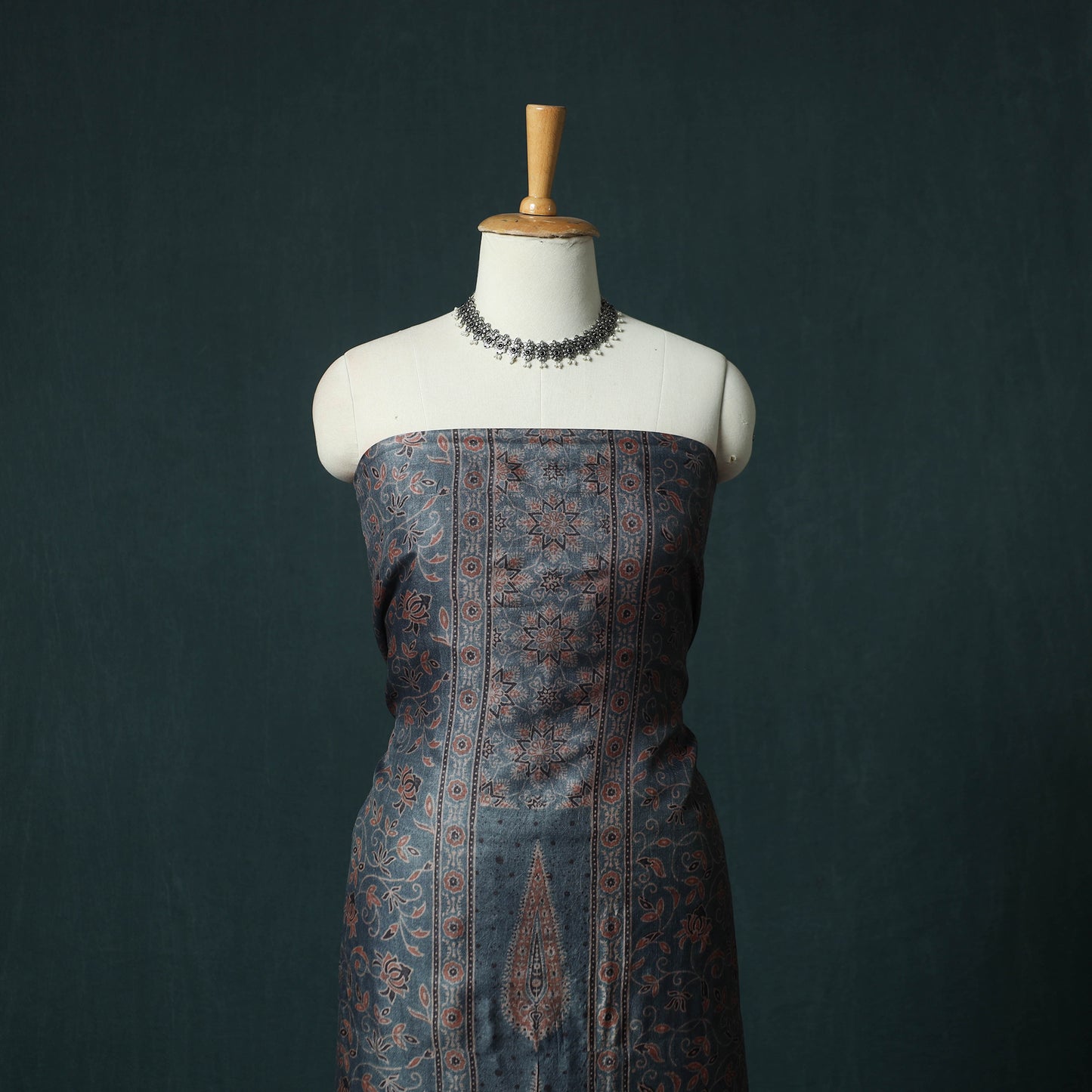 Blue - 2pc Ajrakh Hand Block Print Handloom Tussar Silk Natural Dyed Unstitched Dress Material Kurta Set 10