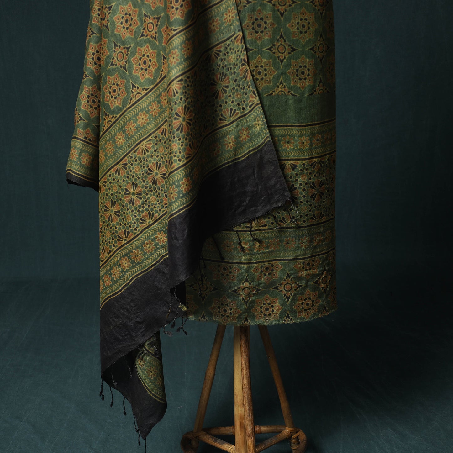 Green - 2pc Ajrakh Hand Block Print Handloom Tussar Silk Natural Dyed Unstitched Dress Material Kurta Set 11