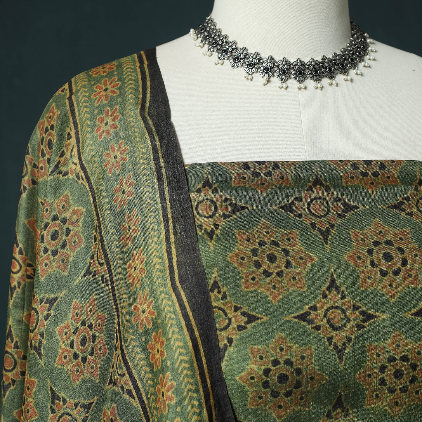 Green - 2pc Ajrakh Hand Block Print Handloom Tussar Silk Natural Dyed Unstitched Dress Material Kurta Set 11