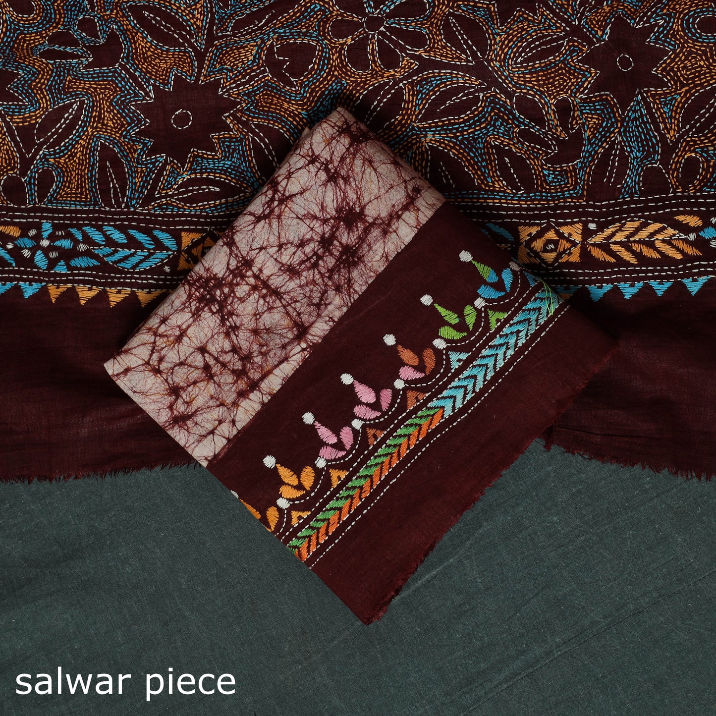 Bengal Kantha Work Cotton 3pc Unstitched Batik Print Dress Material Suit Set 16