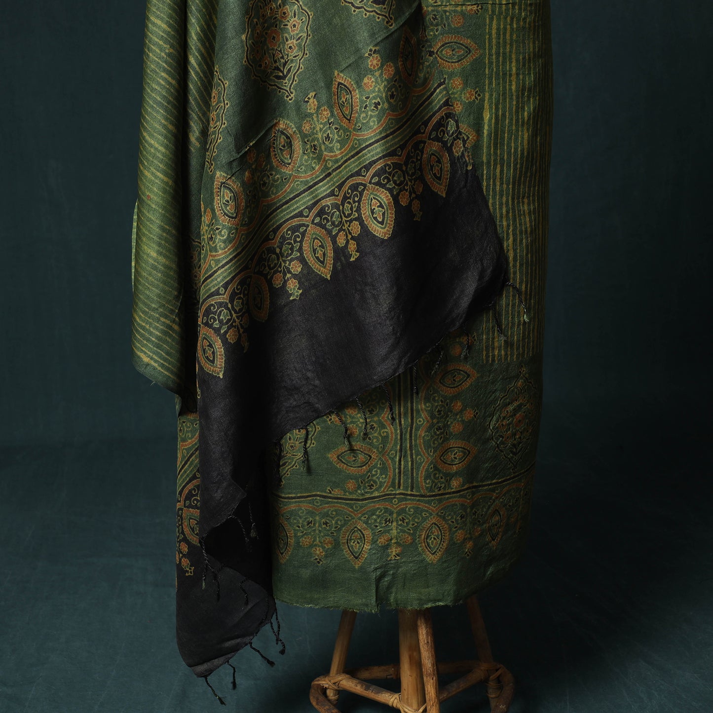 Green - 2pc Ajrakh Hand Block Print Handloom Tussar Silk Natural Dyed Unstitched Dress Material Kurta Set 13