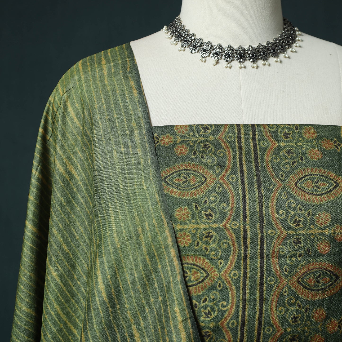 Green - 2pc Ajrakh Hand Block Print Handloom Tussar Silk Natural Dyed Unstitched Dress Material Kurta Set 13