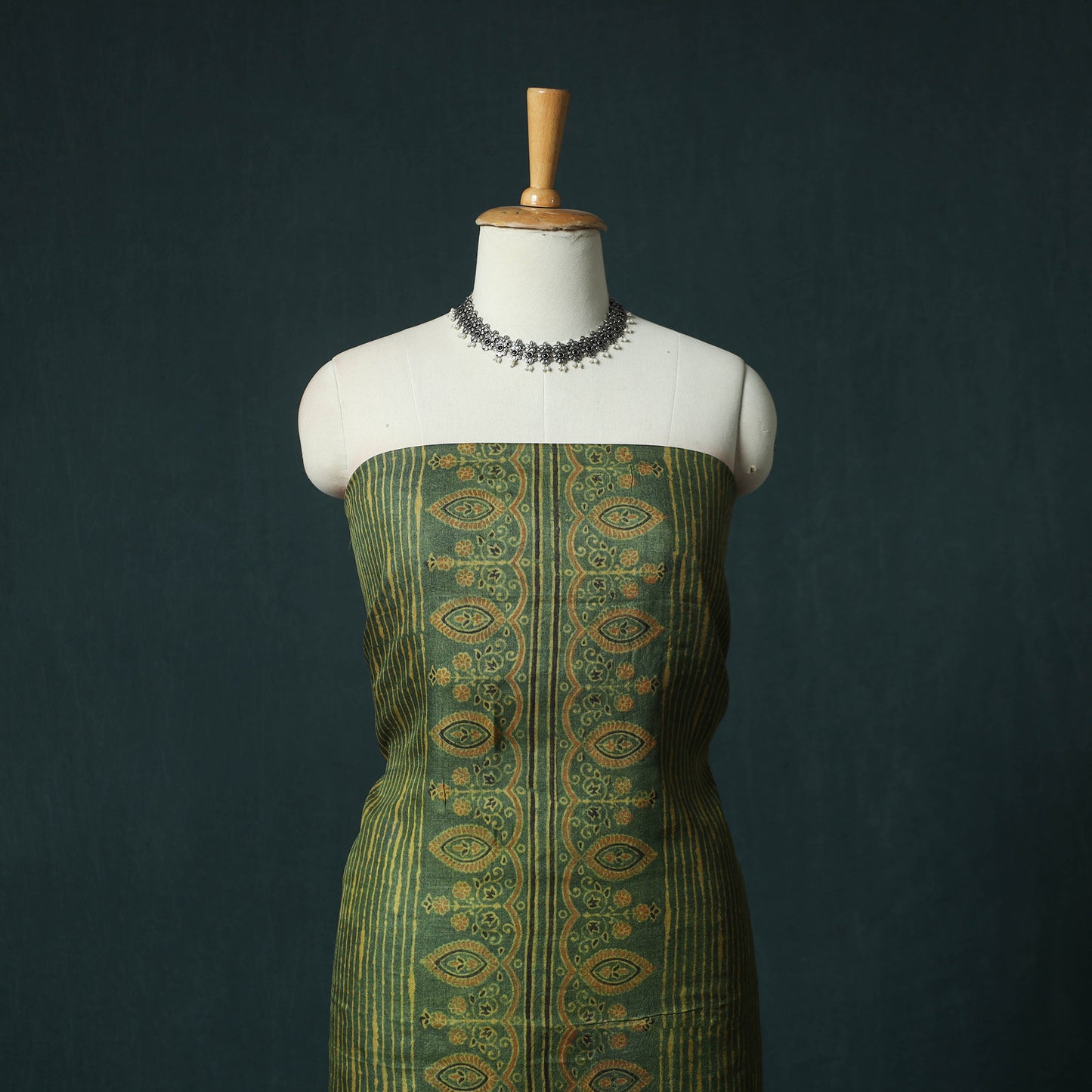Green - 2pc Ajrakh Hand Block Print Handloom Tussar Silk Natural Dyed Unstitched Dress Material Kurta Set 13