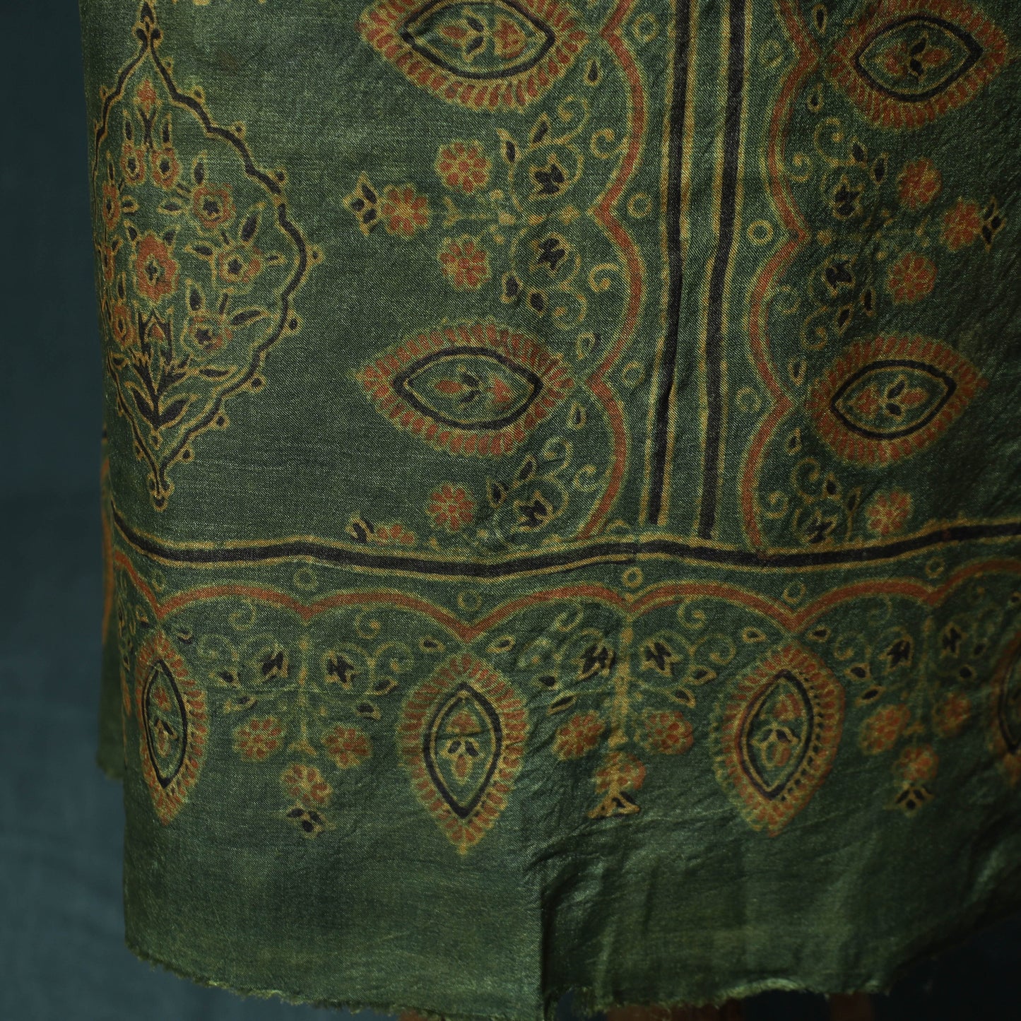 Green - 2pc Ajrakh Hand Block Print Handloom Tussar Silk Natural Dyed Unstitched Dress Material Kurta Set 13